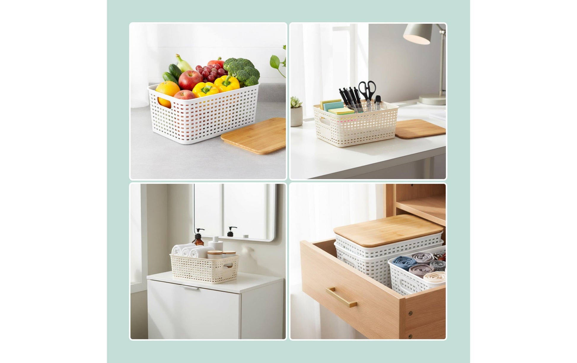 Relaxdays Aufbewahrungsbox (mit Deckel) – Kunststoff/Bambus – hellbraun/weiss – 3 Stück – 255 × 105 × 180 mm