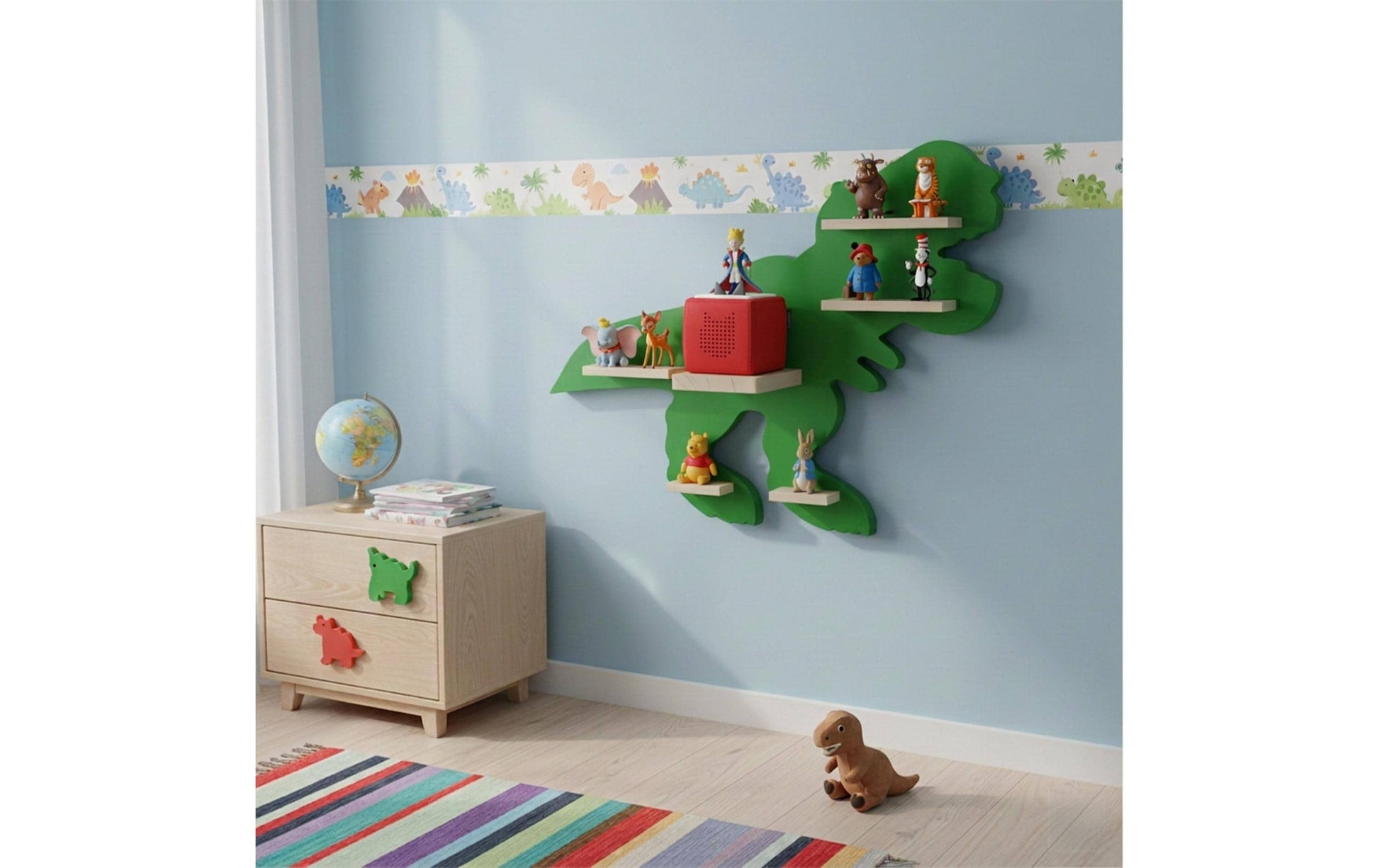 Relaxdays Wandregal – 6 Böden – 59 × 15 × 45 cm – für Toniebox Dino – grün/hellbraun – MDF