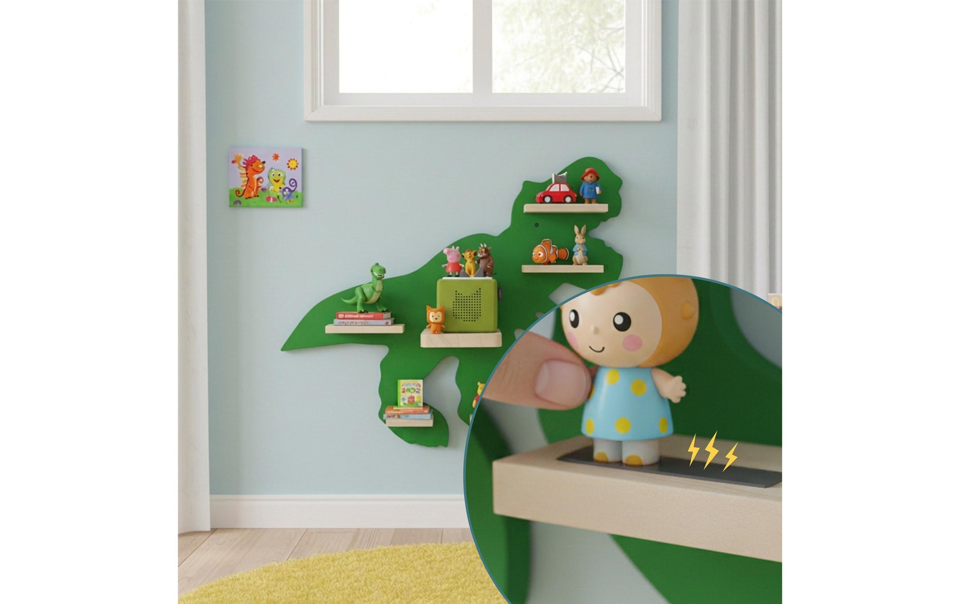 Relaxdays Wandregal – 6 Böden – 59 × 15 × 45 cm – für Toniebox Dino – grün/hellbraun – MDF