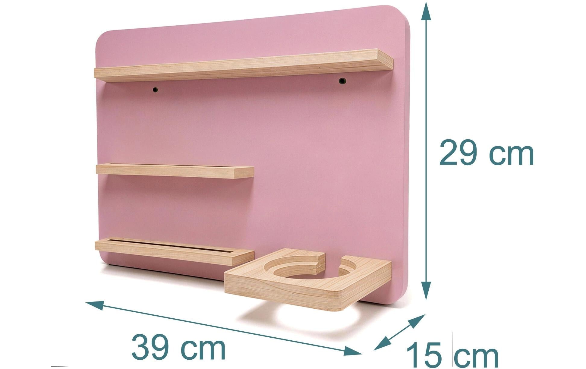 Relaxdays Wandregal – Wandmontage – 4 Böden – 39 × 15 × 29 cm – für Toniebox – Hellbraun/Rosa – Kiefer/MDF