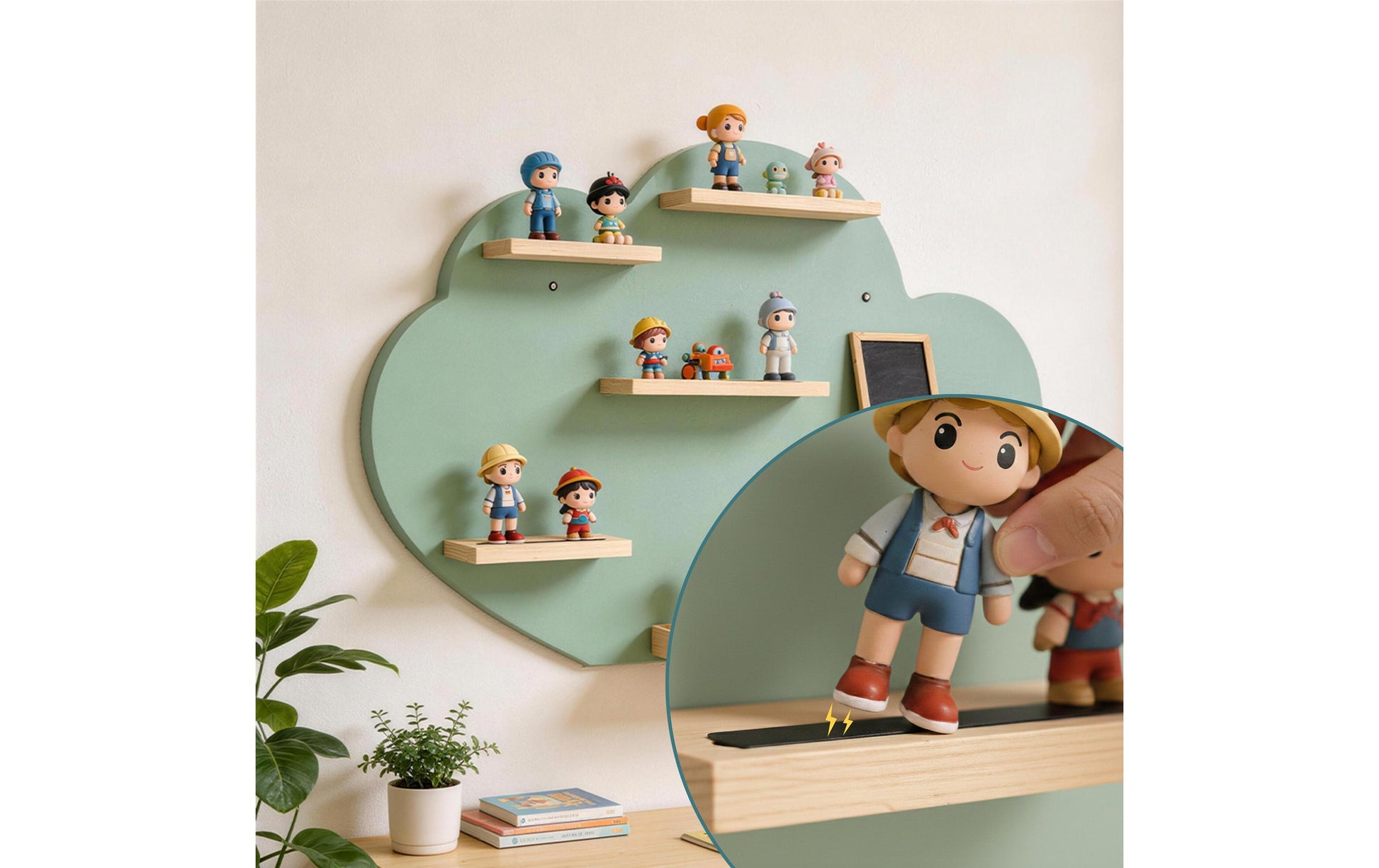 Relaxdays Wandregal Toniebox Wolke – 6 Böden – 61 × 17 × 40 cm – Braun/Grün – MDF