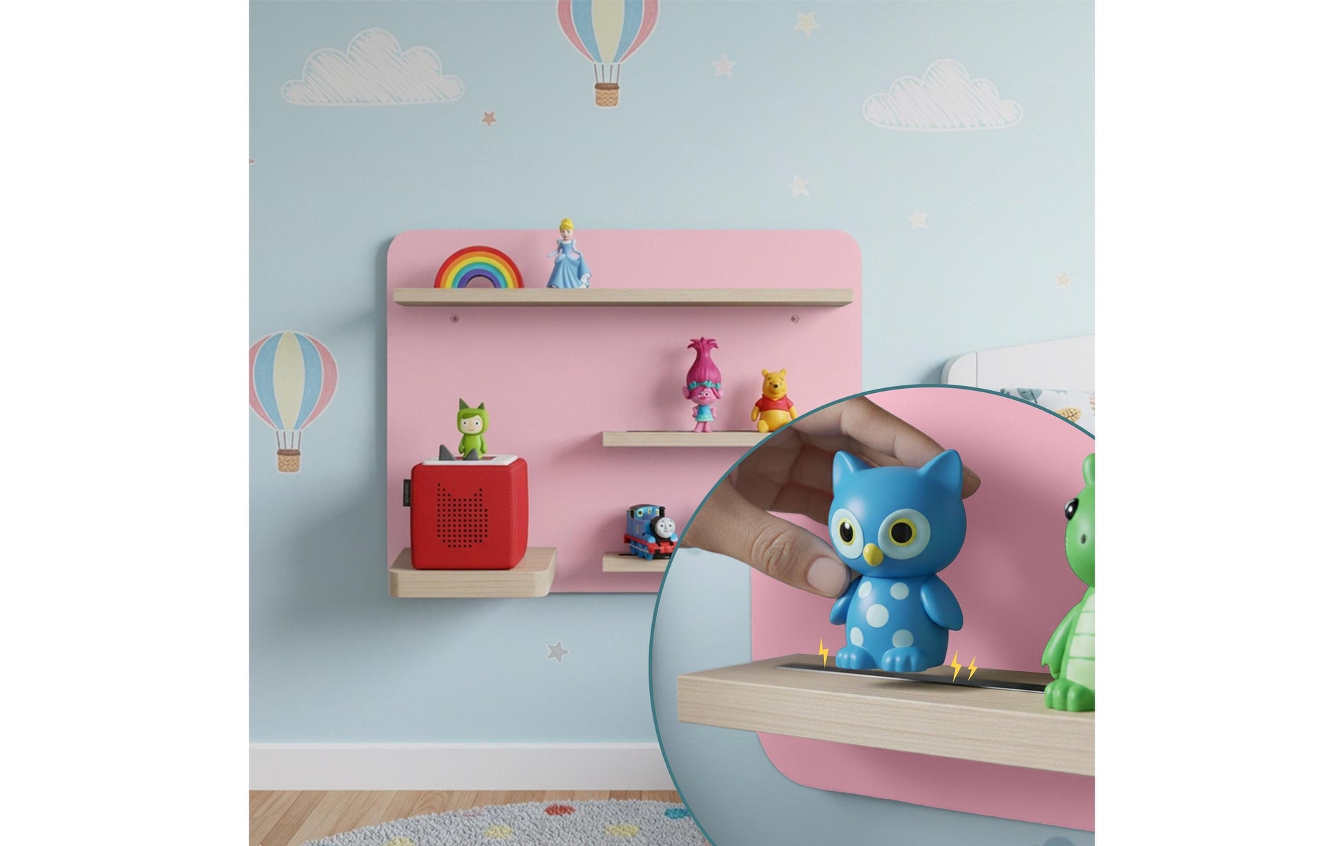 Relaxdays Wandregal – Wandmontage – 4 Böden – 39 × 15 × 29 cm – für Toniebox – Hellbraun/Rosa – Kiefer/MDF