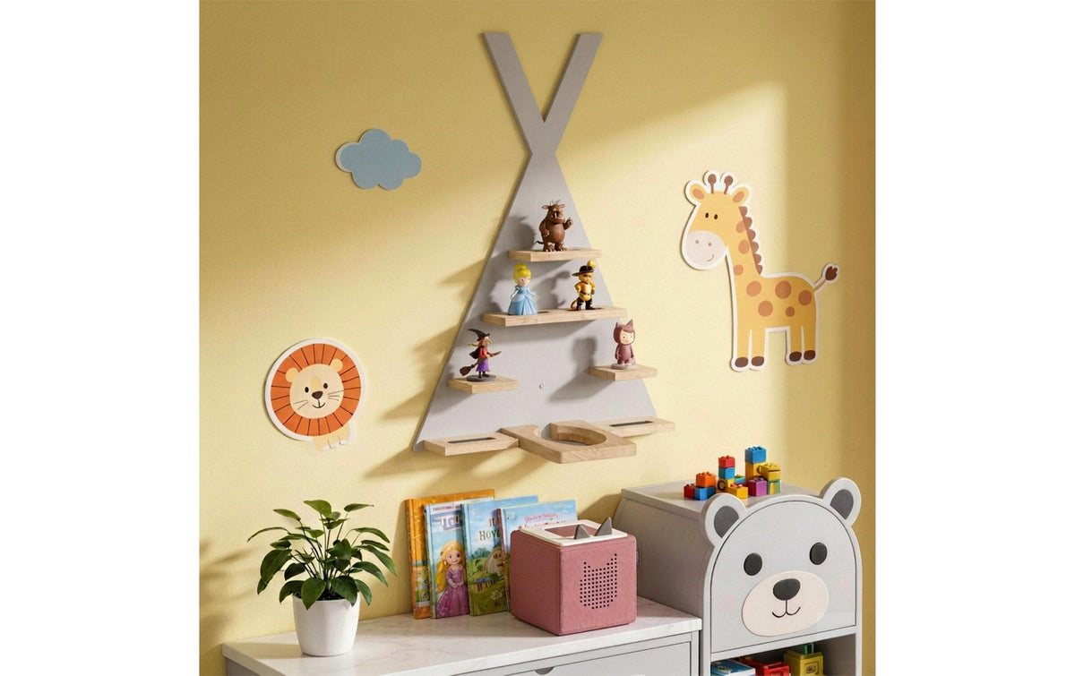 Relaxdays Kinderregal Toniebox Zelt Wandhalterung – Kiefernholz/MDF – Grau/Hellbraun – 490 × 690 × 90 mm