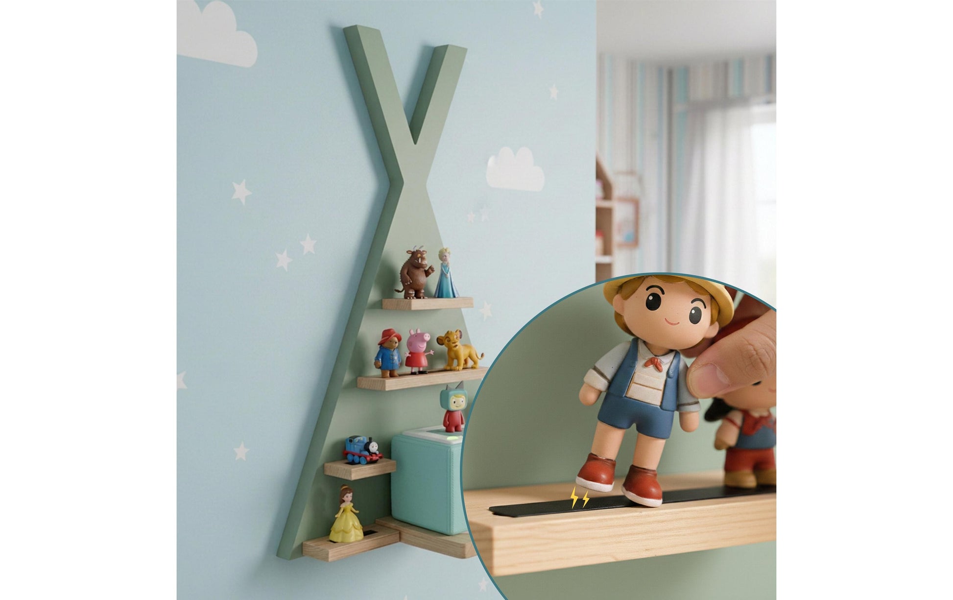 Relaxdays Toniebox Zelt Wandhalterung – Holz – Grün/Hellbraun – 490 × 690 × 90 mm