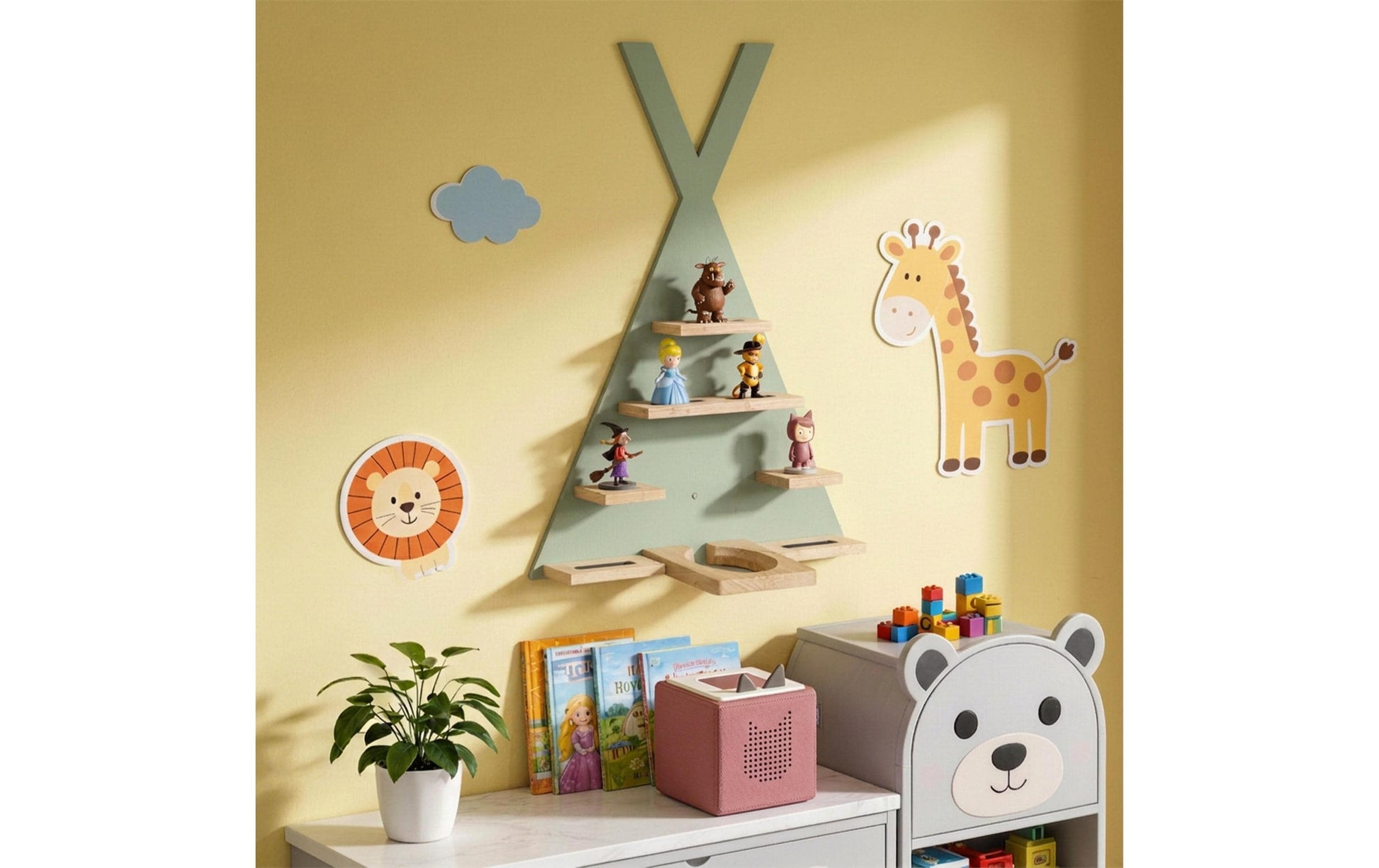 Relaxdays Toniebox Zelt Wandhalterung – Holz – Grün/Hellbraun – 490 × 690 × 90 mm
