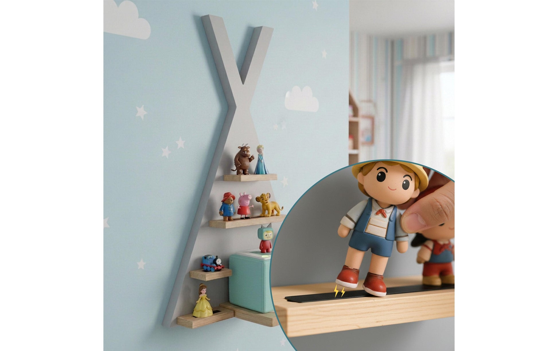 Relaxdays Kinderregal Toniebox Zelt Wandhalterung – Kiefernholz/MDF – Grau/Hellbraun – 490 × 690 × 90 mm