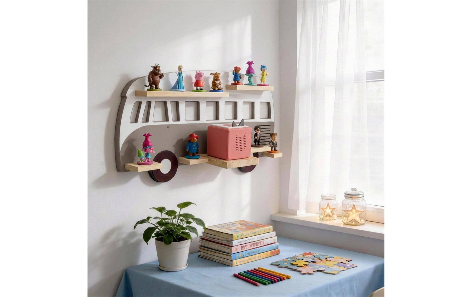 Relaxdays Wandregal Toniebox Bus – 6 Böden – 62 × 13 × 32 cm – Braun/Grau – Kiefer/MDF