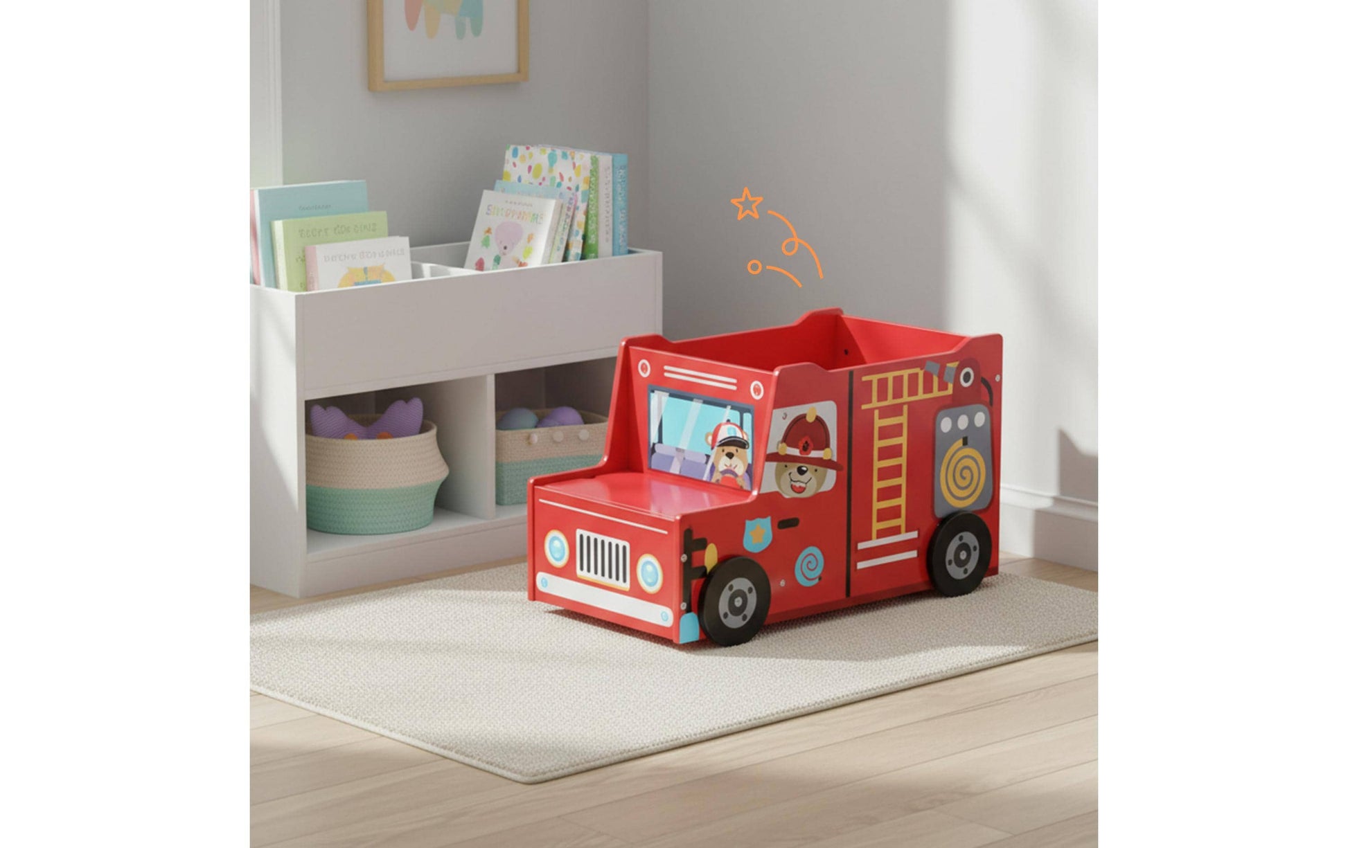 Relaxdays Spielzeugkiste Feuerwehr – Holz – Blau/Gelb/Rot – 600 × 340 × 320 mm