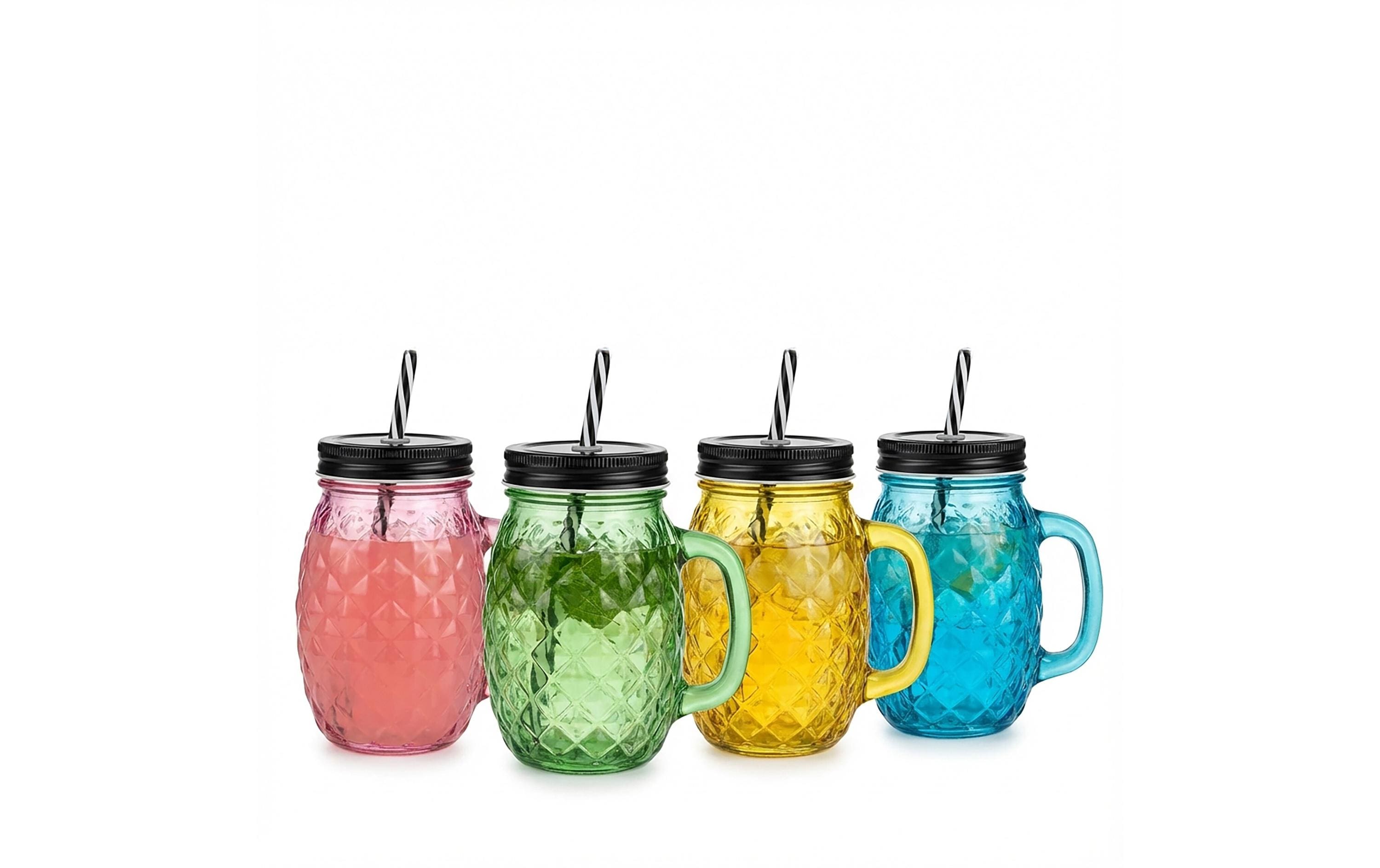 Relaxdays Trinkgläser – 4er Set, 500 ml, Ø 12 cm, H 12,5 cm, Glas, Blau/Gelb/Rot, spülmaschinenfest