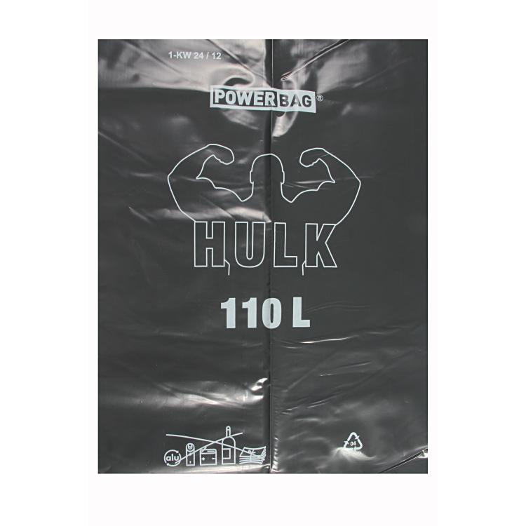 Hulk Kehrichtsack – 110 l, mit Zugband, LDPE, schwarz, 65 µm, 12 Rollen à 10 Stk
