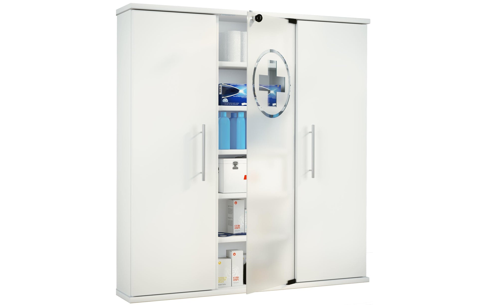 VCM Morgenthaler VCM Santila – Medizinschrank, abschliessbar, Glas/Holz/Melamin, 880 × 180 × 920 mm, weiss