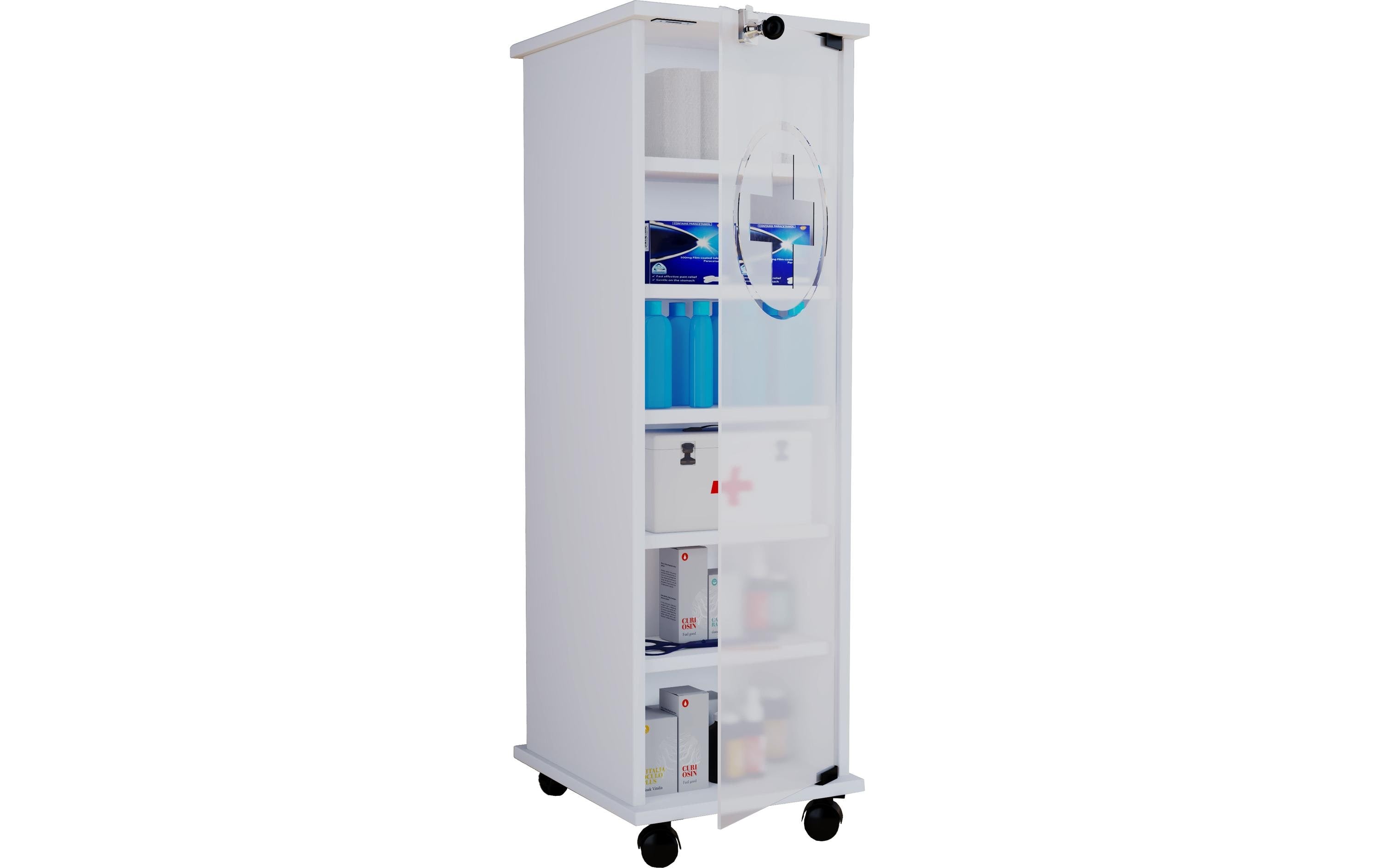 VCM Morgenthaler VCM Nilasu – Medizinschrank, abschliessbar, 310 × 350 × 980 mm, weiss, Glas, Holz, Melamin