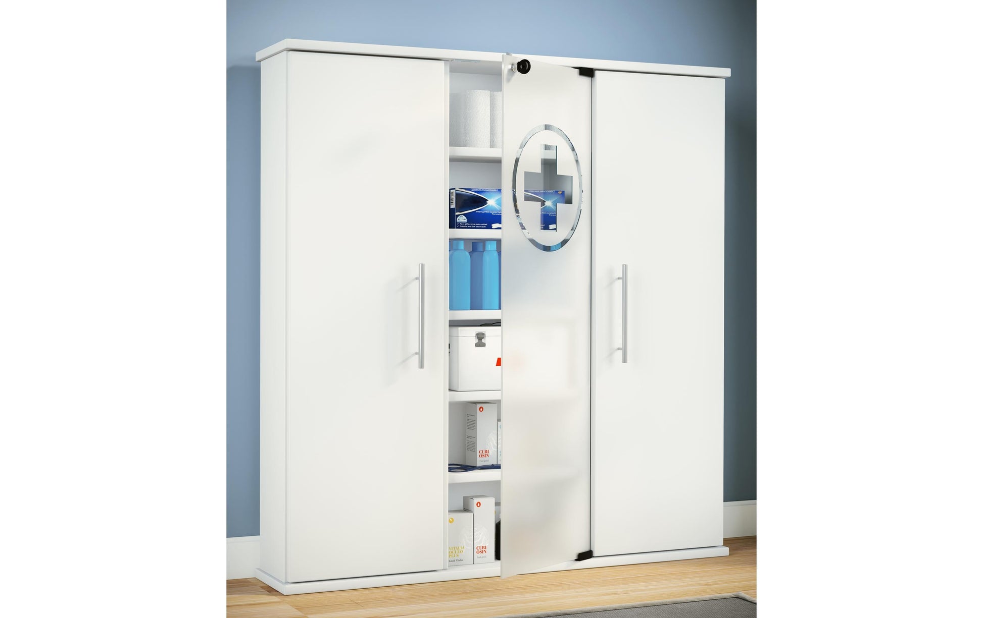 VCM Morgenthaler VCM Santila – Medizinschrank, abschliessbar, Glas/Holz/Melamin, 880 × 180 × 920 mm, weiss