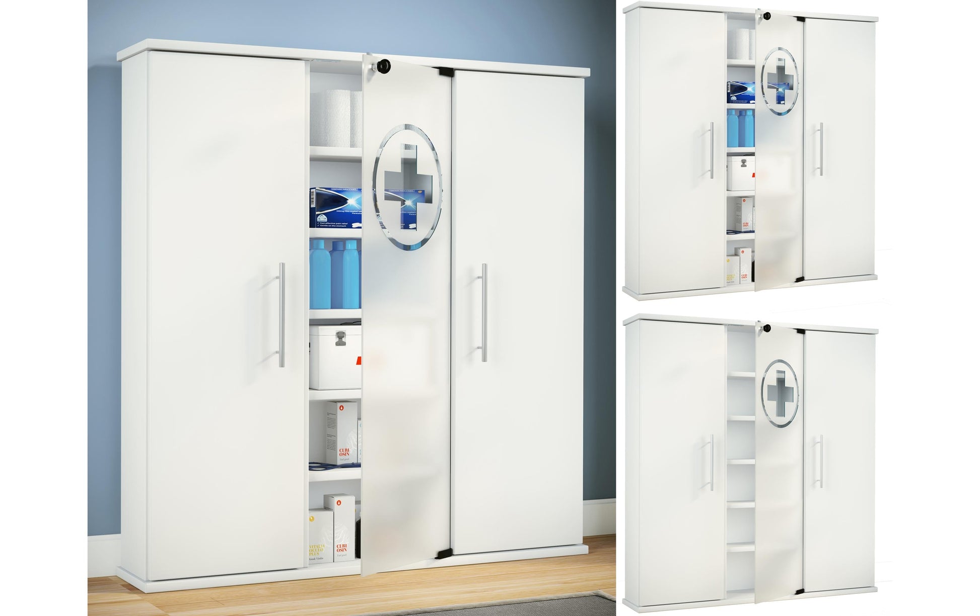 VCM Morgenthaler VCM Santila – Medizinschrank, abschliessbar, Glas/Holz/Melamin, 880 × 180 × 920 mm, weiss