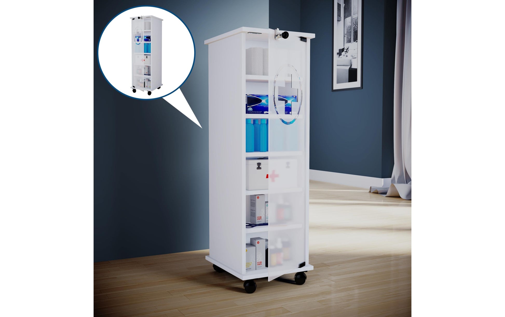 VCM Morgenthaler VCM Nilasu – Medizinschrank, abschliessbar, 310 × 350 × 980 mm, weiss, Glas, Holz, Melamin