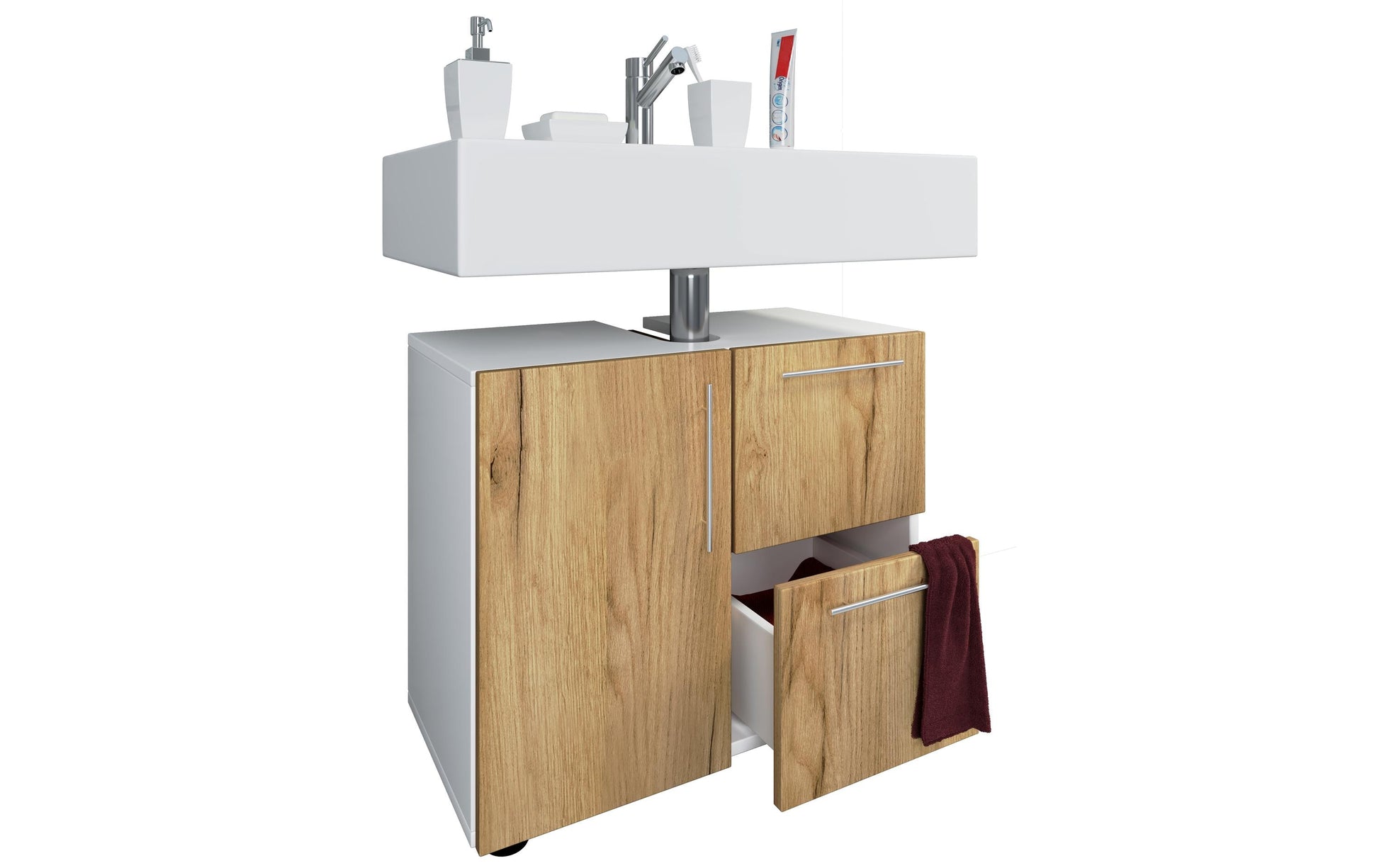 VCM Morgenthaler VCM Flandu – Badezimmer Unterschrank, 610 × 320 × 510 mm, weiss/eiche, MDF