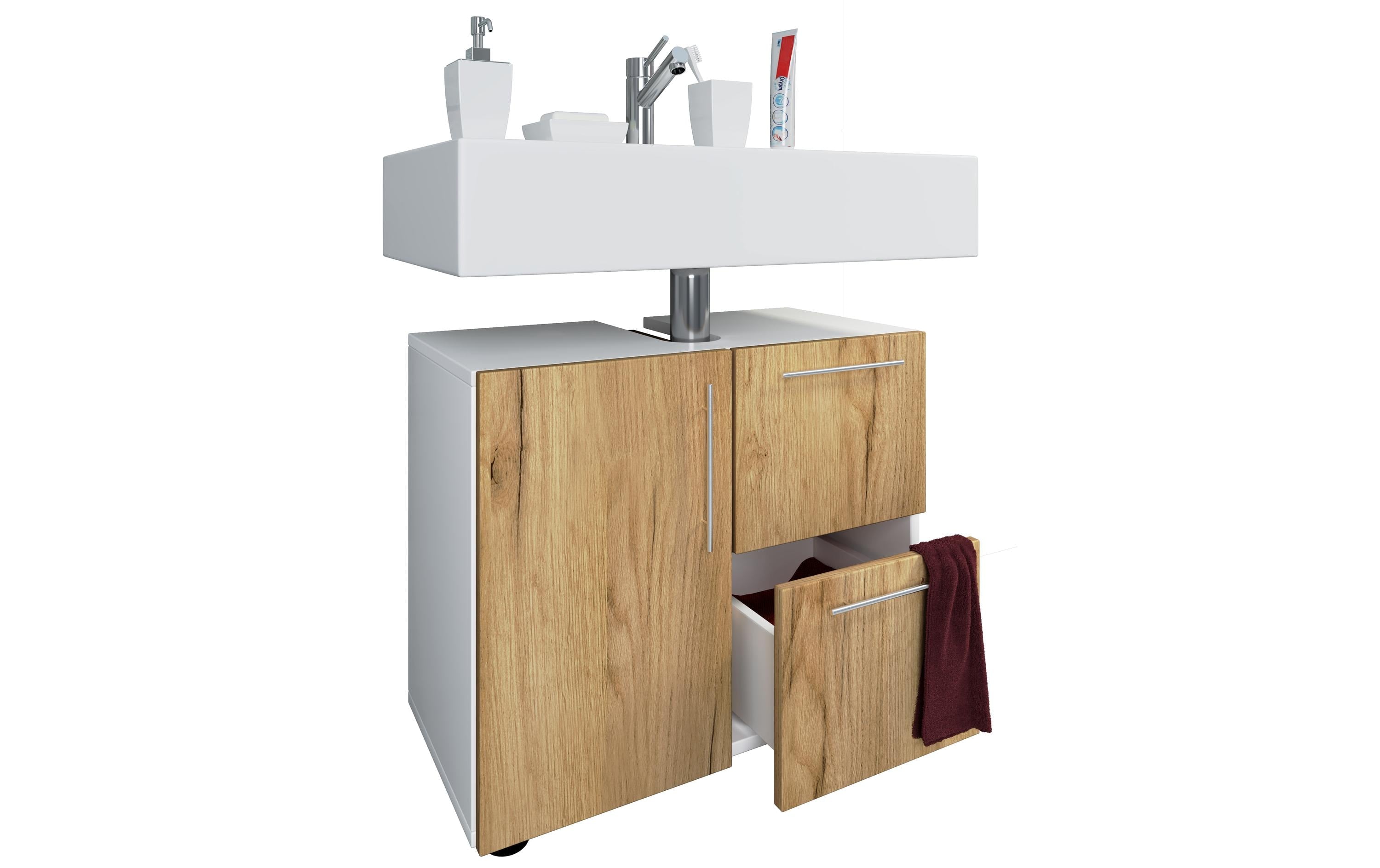 VCM Morgenthaler VCM Flandu – Badezimmer Unterschrank, 610 × 320 × 510 mm, weiss/eiche, MDF
