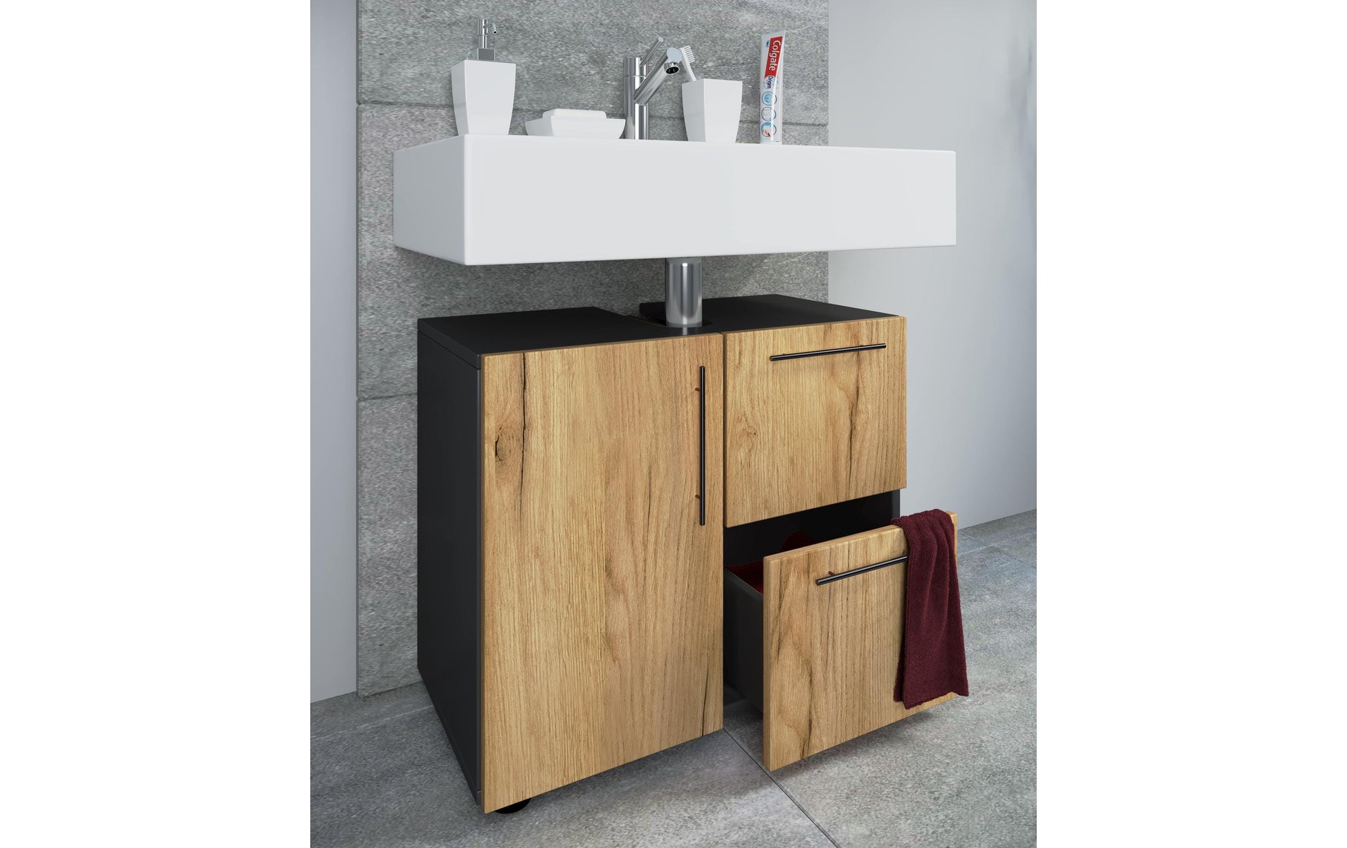 VCM Morgenthaler VCM Unterschrank Flandu – 61×32×51 cm, Mischholz/MDF, Anthrazit/Honig-Eiche