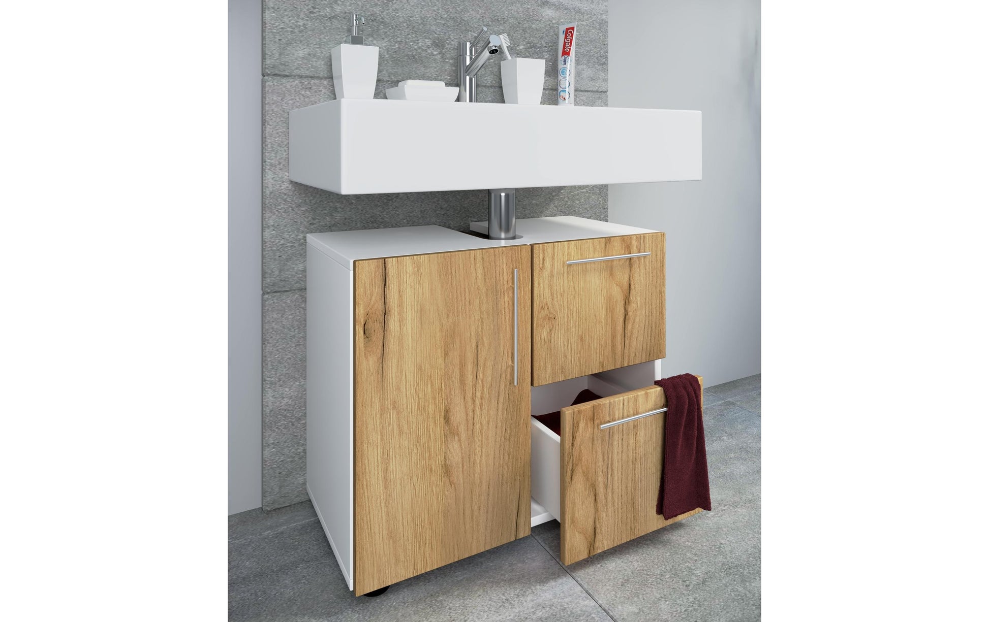 VCM Morgenthaler VCM Flandu – Badezimmer Unterschrank, 610 × 320 × 510 mm, weiss/eiche, MDF