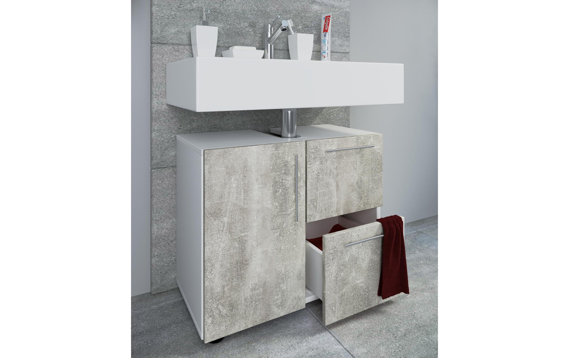 VCM Morgenthaler VCM Unterschrank Flandu – 61×32×51 cm, Mischholz/MDF, Beton/Weiss