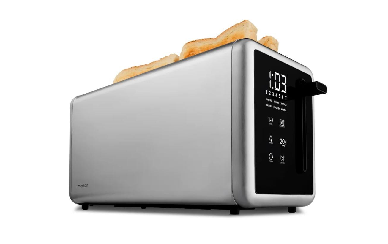 Medion Toaster MD 12103 – 4 Scheiben, Auftaufunktion & Bräunungsgrad-Einstellung, 1450 W – Silber