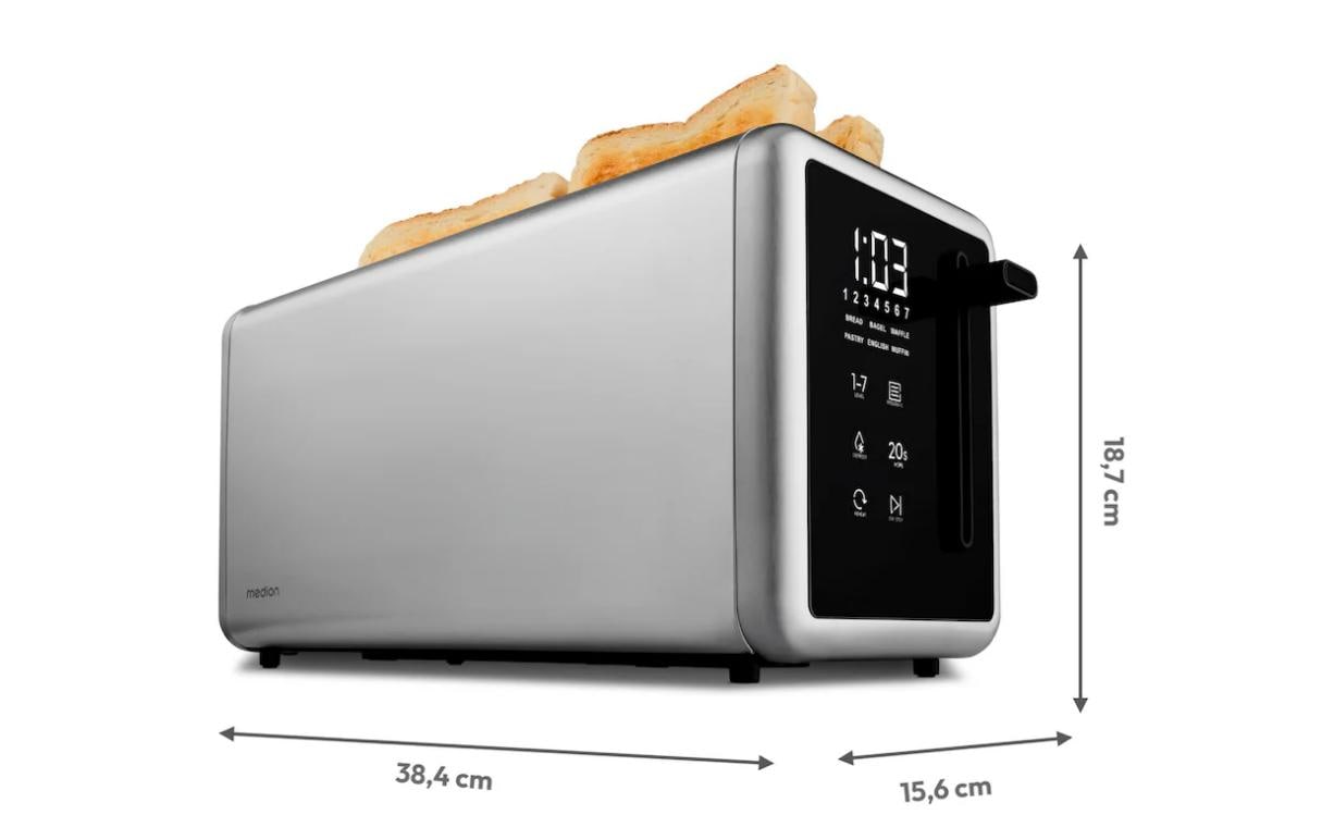 Medion Toaster MD 12103 – 4 Scheiben, Auftaufunktion & Bräunungsgrad-Einstellung, 1450 W – Silber