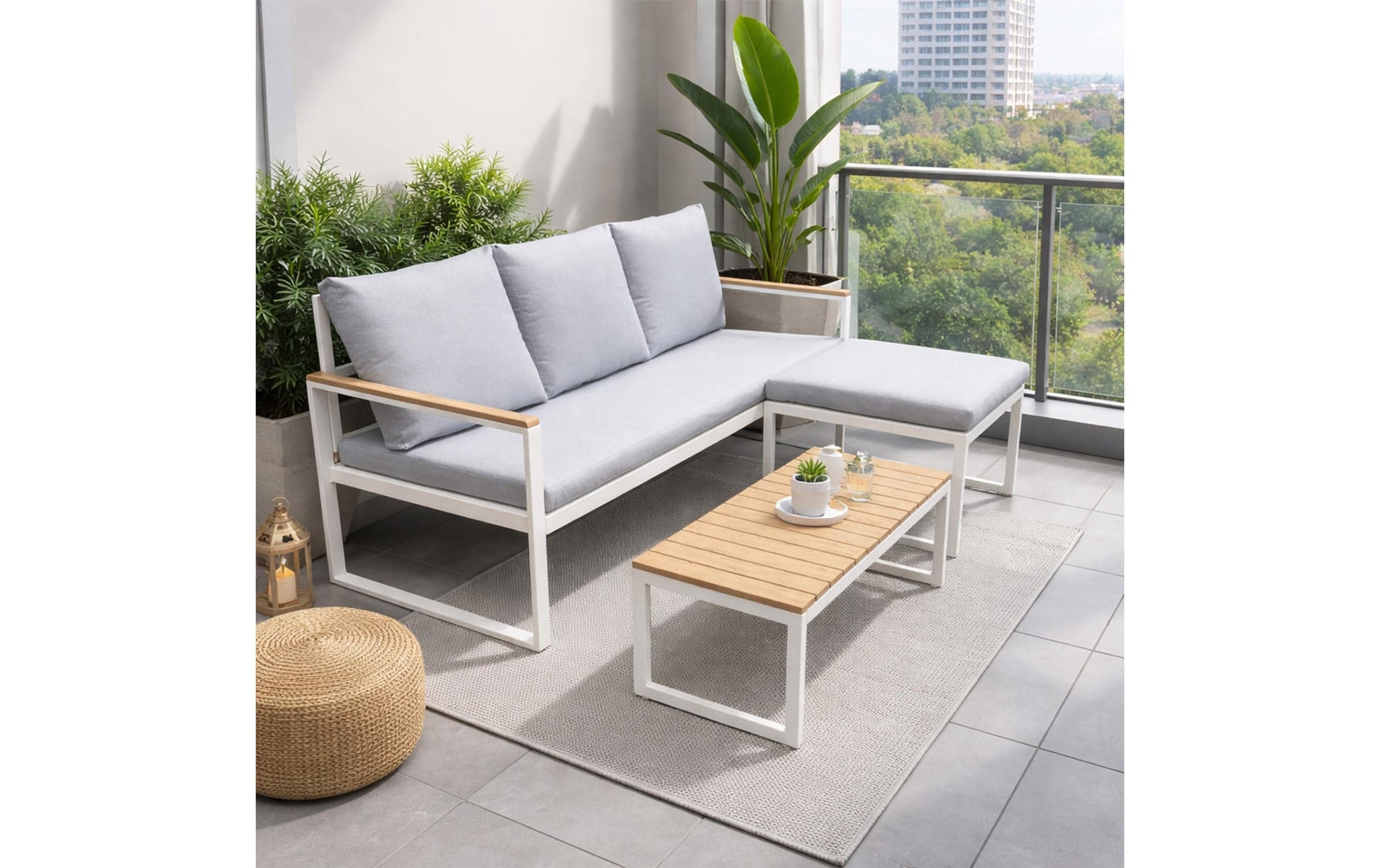 Cocon Lounge-Set – B 160 × T 65 × H 88 cm – Polyester, Polywood, Stahl (beschichtet), Beige, Grau – 3-teilig