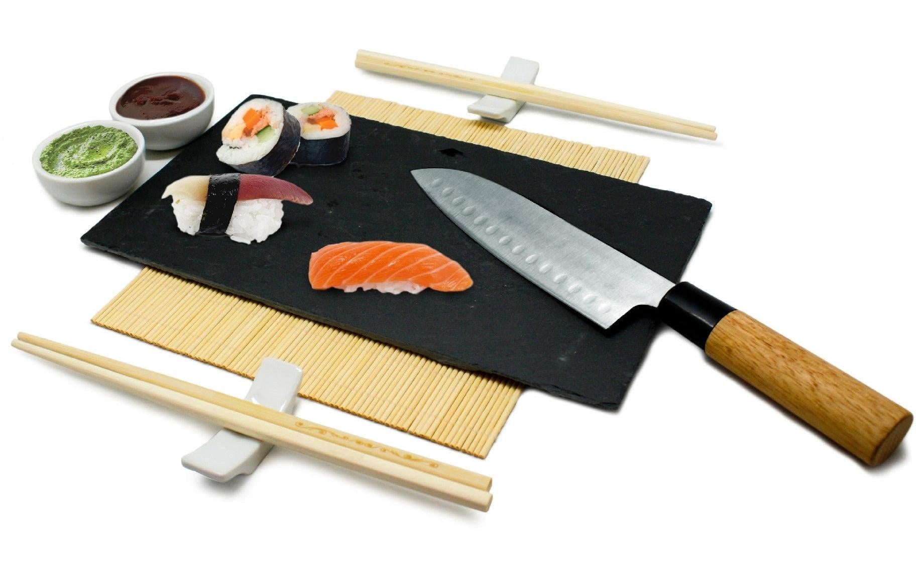 Nerthus Sushi-Zubereitungsset – 9-teiliges Set, Edelstahl/Holz/Keramik/Schiefer, Mehrfarbig