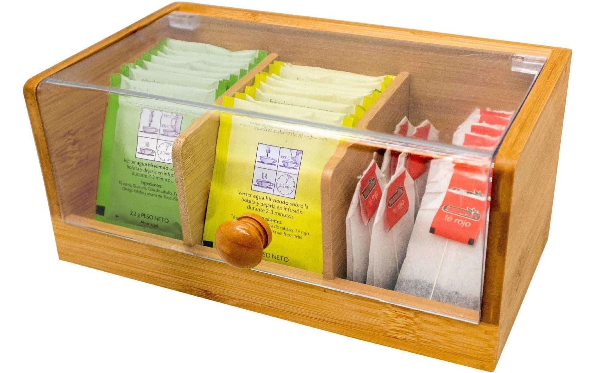 Nerthus Teebeutelbox Bambus/Kunststoff, 3 Fächer, 29 × 11 × 10 cm, Braun/Transparent