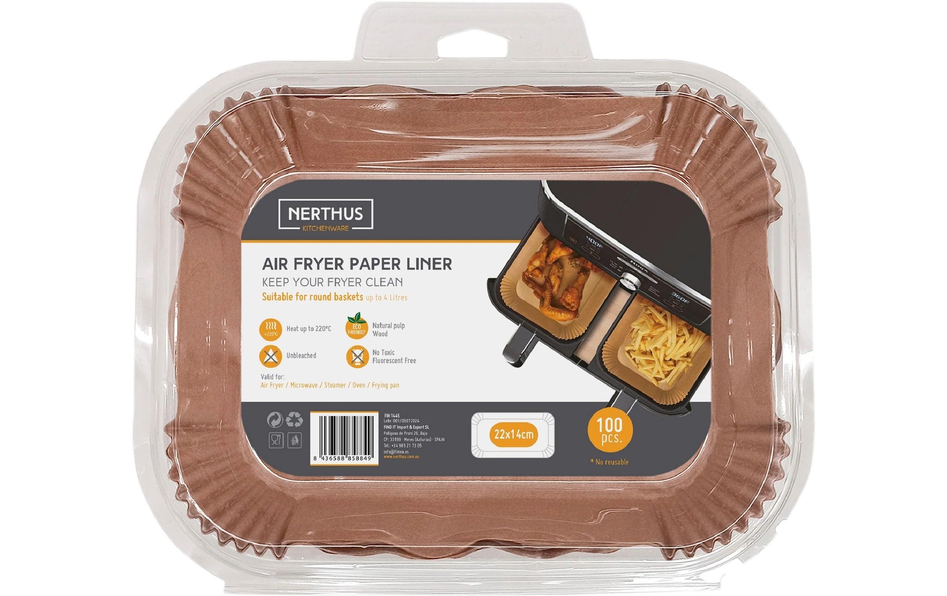 Nerthus Backpapier-Schalen Rechteck – 14 × 22 × 4,5 cm, für Heissluftfritteusen, 100 Stk., Papier, Braun