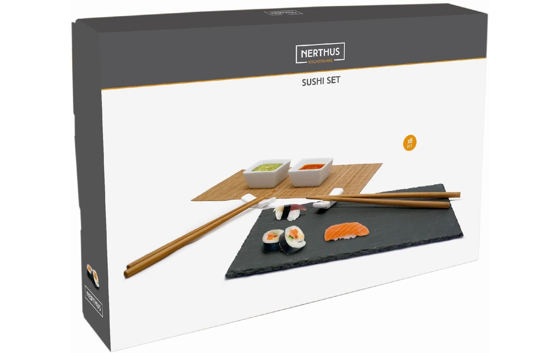 Nerthus Sushi-Set – 8-teiliges Set, 4,5 × 30,5 × 21,0 cm, Keramik/Schiefer/Bambus, Mehrfarbig, spülmaschinenfest