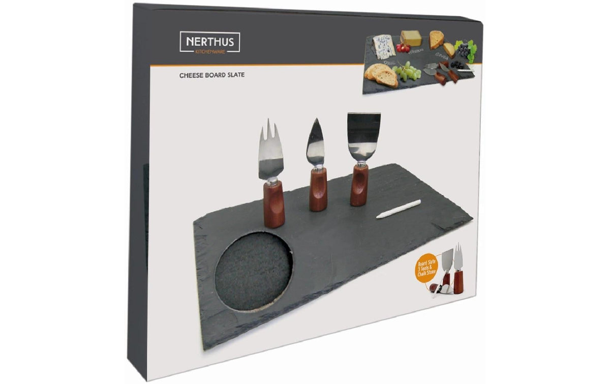 Nerthus Käse-Set 5-teilig, 25,5 × 30,5 × 3 cm, Edelstahl/Schiefer, Braun/Schwarz/Silber