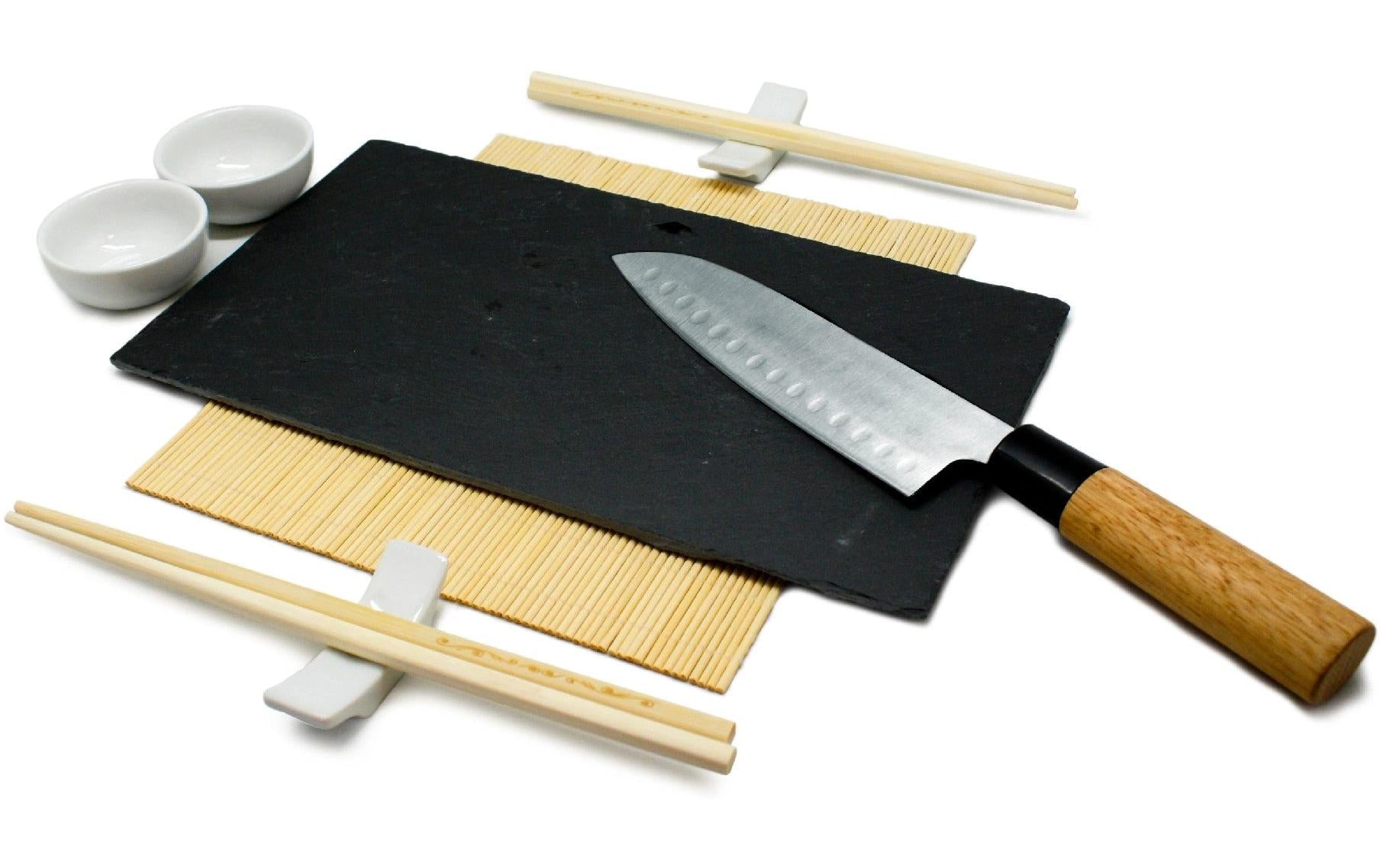 Nerthus Sushi-Zubereitungsset – 9-teiliges Set, Edelstahl/Holz/Keramik/Schiefer, Mehrfarbig