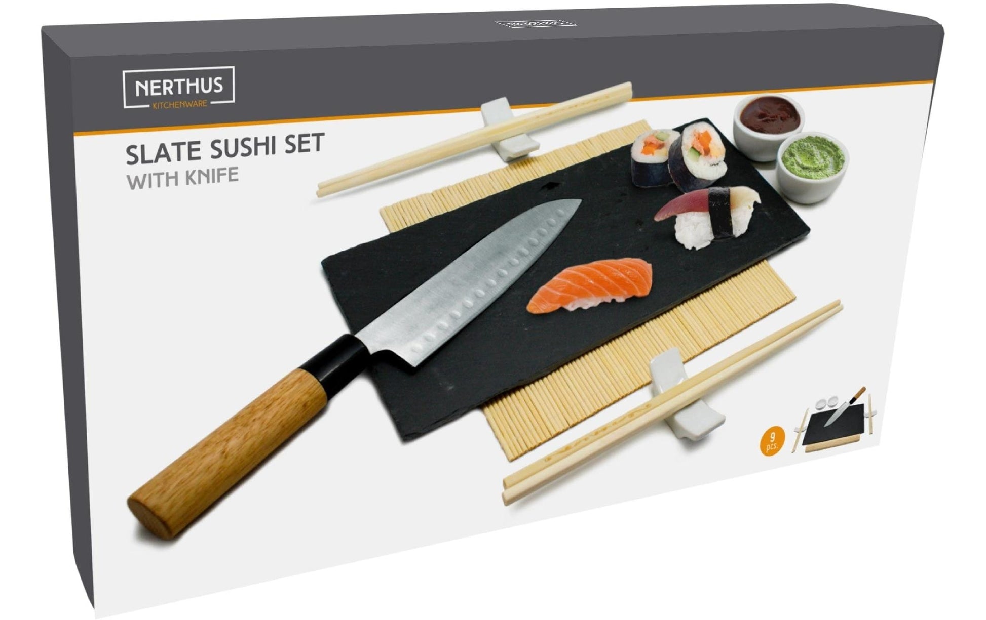 Nerthus Sushi-Zubereitungsset – 9-teiliges Set, Edelstahl/Holz/Keramik/Schiefer, Mehrfarbig