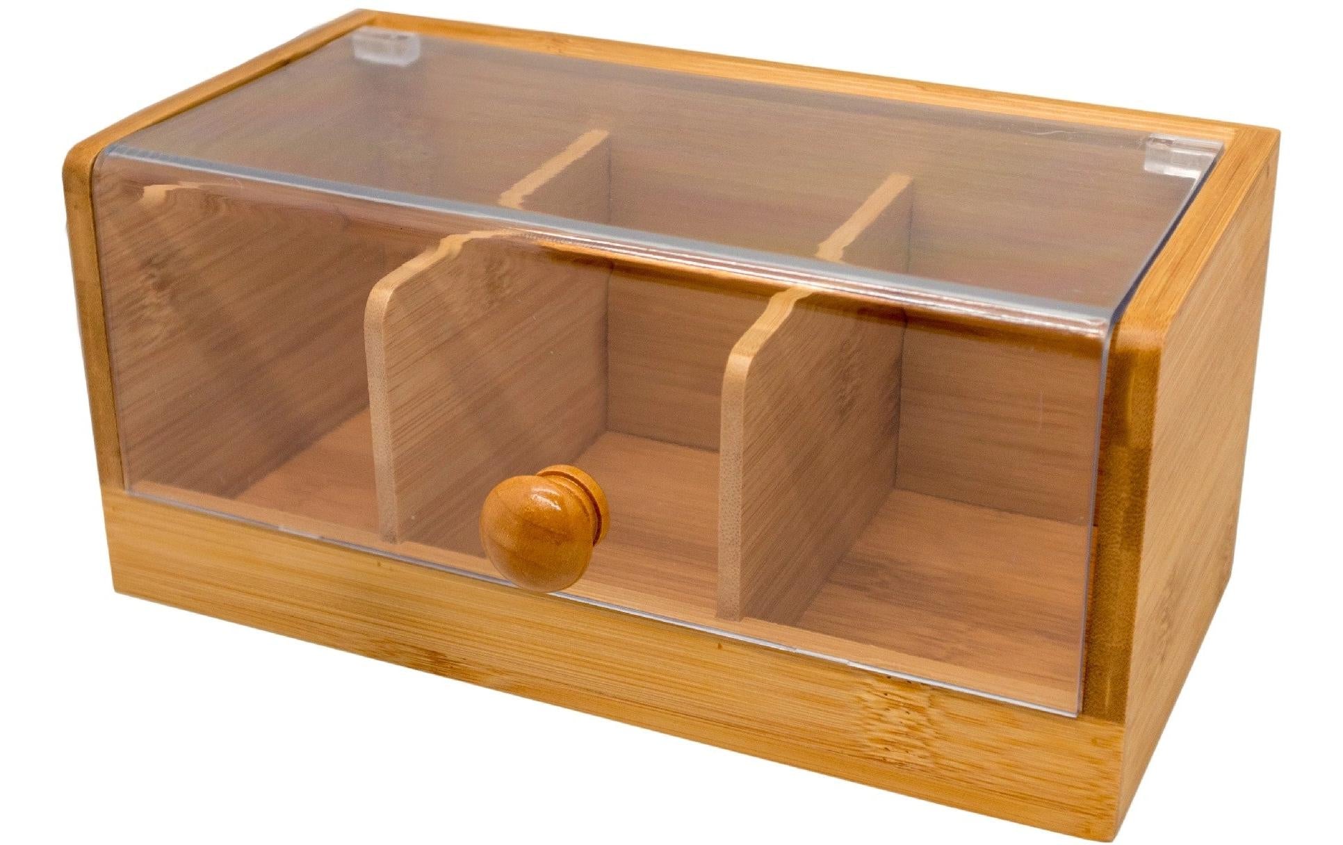 Nerthus Teebeutelbox Bambus/Kunststoff, 3 Fächer, 29 × 11 × 10 cm, Braun/Transparent