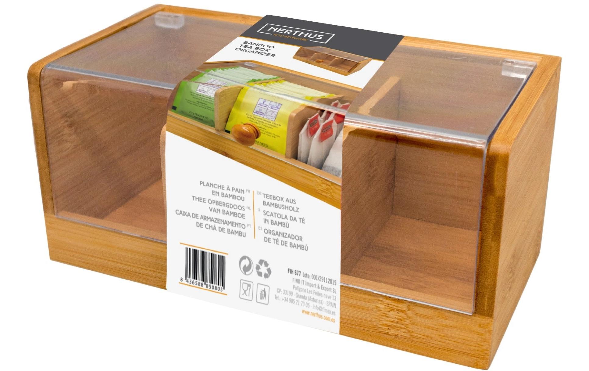 Nerthus Teebeutelbox Bambus/Kunststoff, 3 Fächer, 29 × 11 × 10 cm, Braun/Transparent