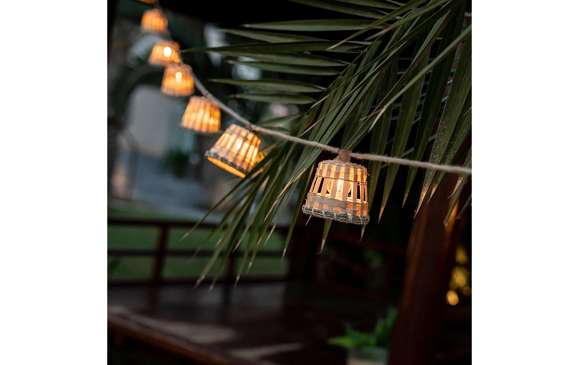 New Garden Lichterkette – IP44, Akkubetrieb, Solarbetrieb, USB – 10 LEDs, 10 h Laufzeit, Beige, Bambus/Jute