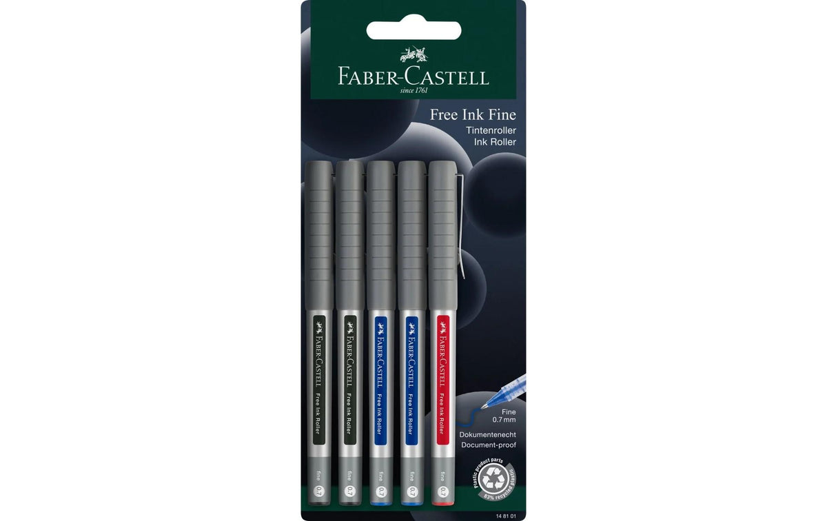 Faber-Castell Free Ink fine – Tintenroller, 0,7 mm, schwarz/blau/rot, dokumentenecht – 5 Stk.