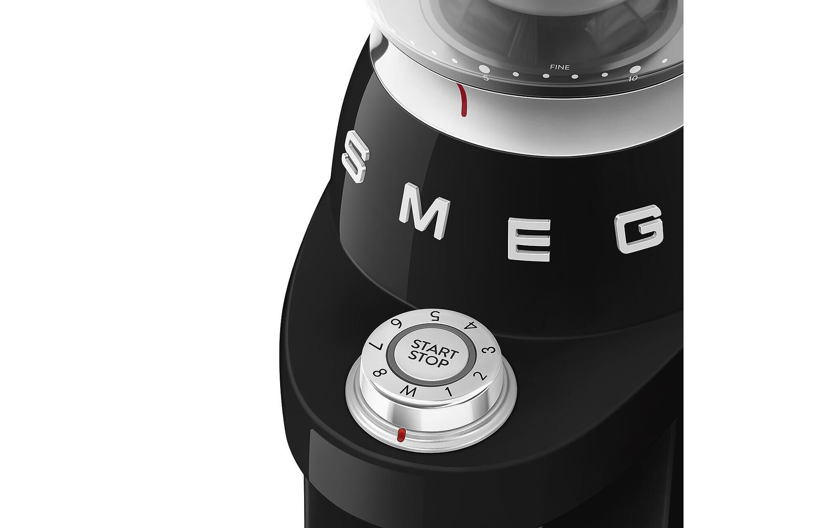 Smeg Kaffeemühle CGF03BLEU – 240 g, Kegel- und Scheibenmahlwerk, 150 W – Schwarz/Edelstahl