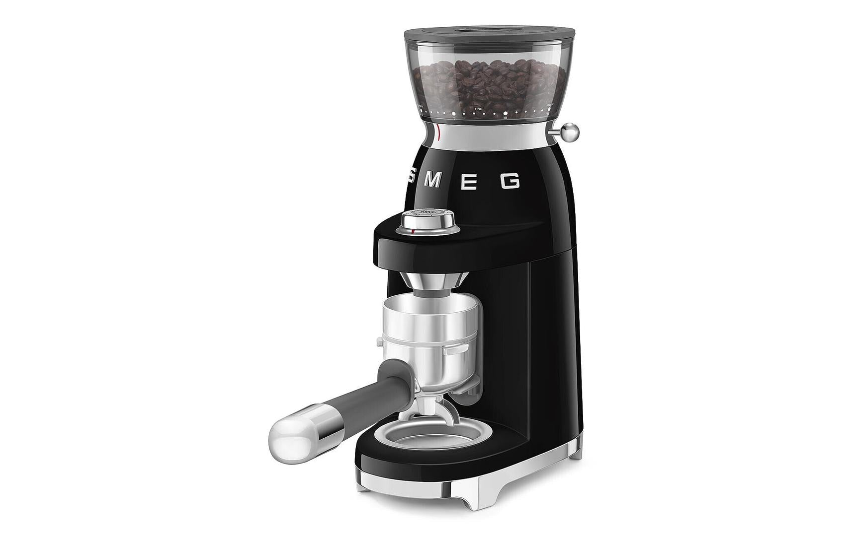 Smeg Kaffeemühle CGF03BLEU – 240 g, Kegel- und Scheibenmahlwerk, 150 W – Schwarz/Edelstahl
