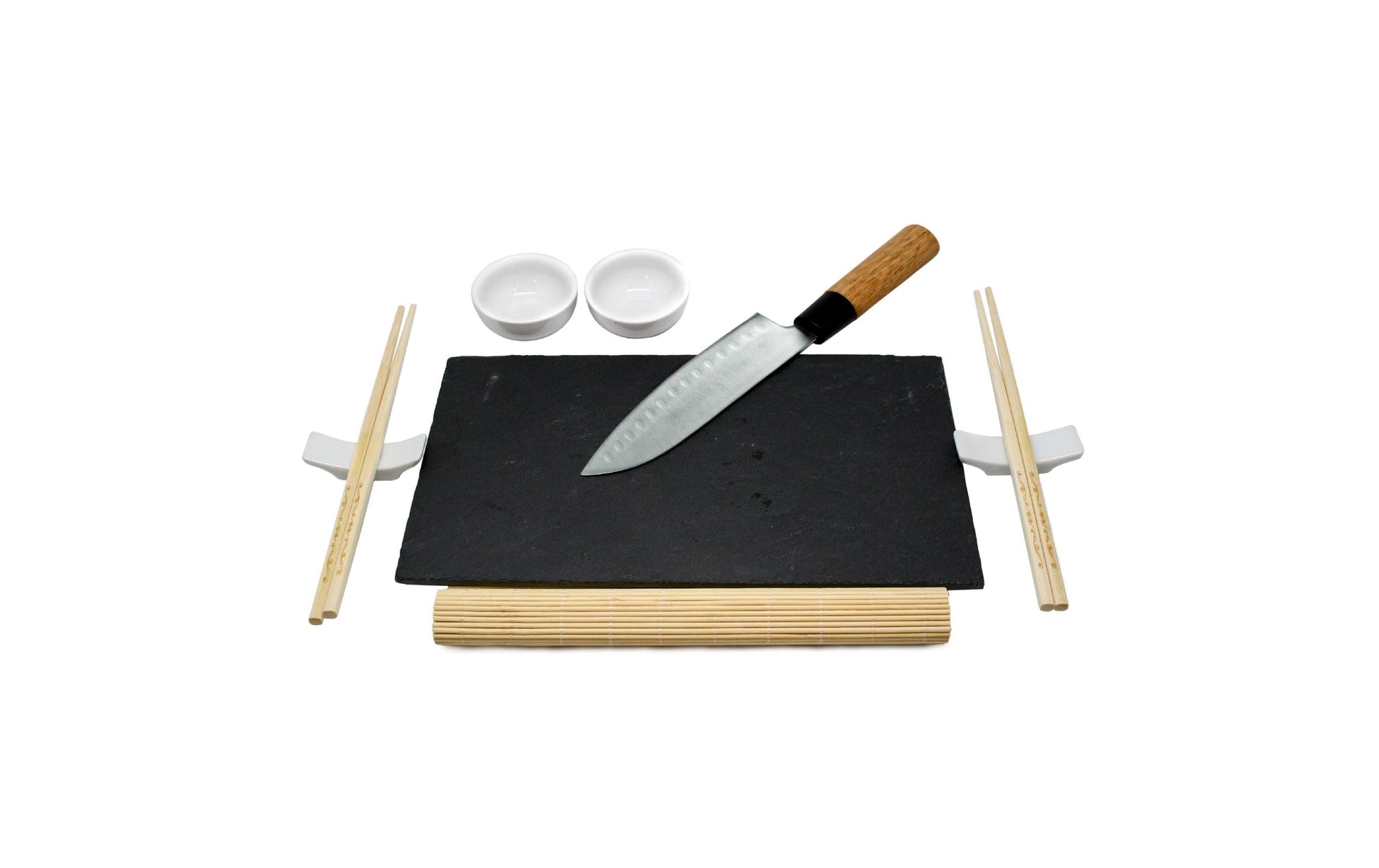 Nerthus Sushi-Zubereitungsset – 9-teiliges Set, Edelstahl/Holz/Keramik/Schiefer, Mehrfarbig