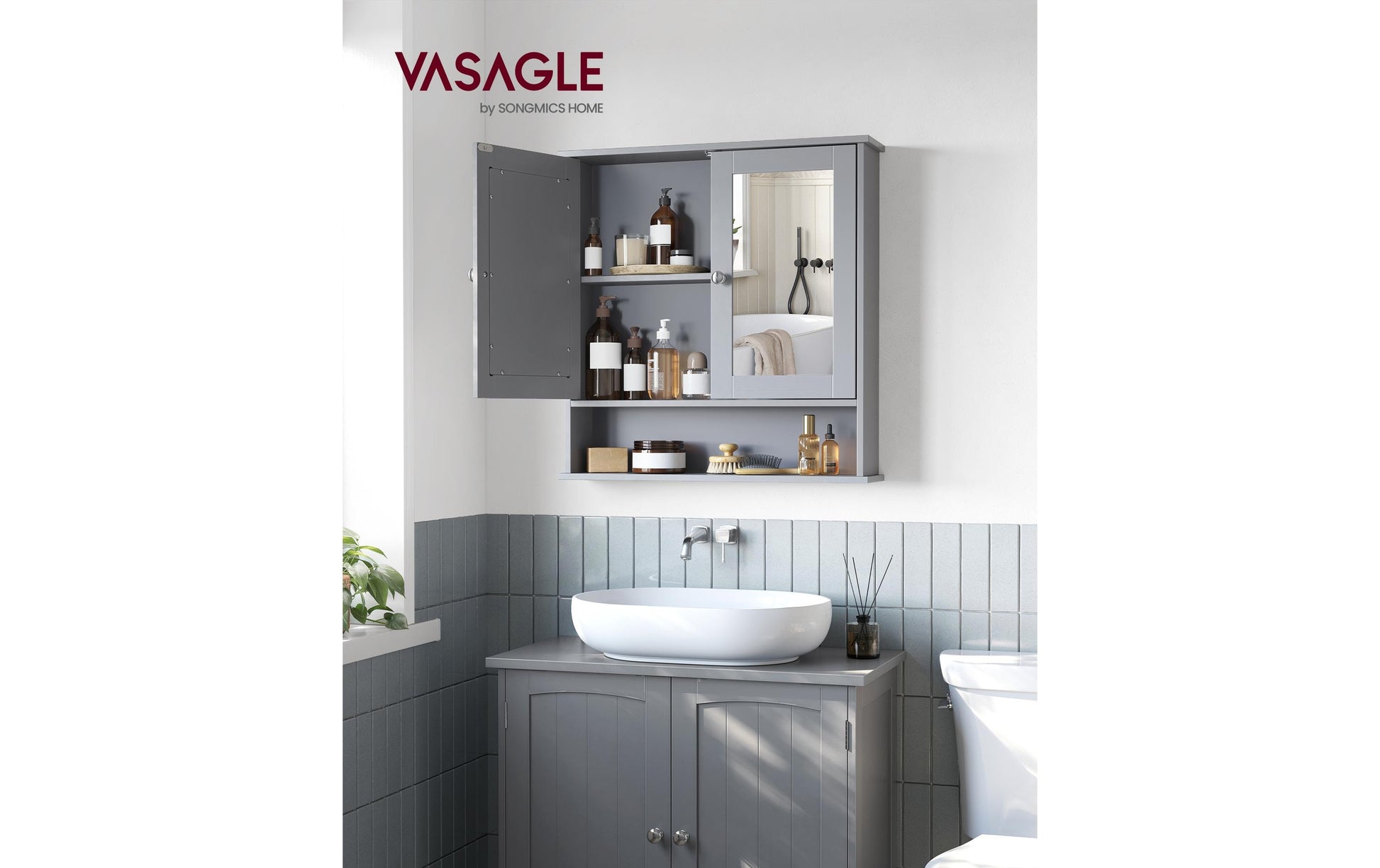 Vasagle Spiegelschrank – 56,5×13×58,5 cm, Glas/MDF, Grau