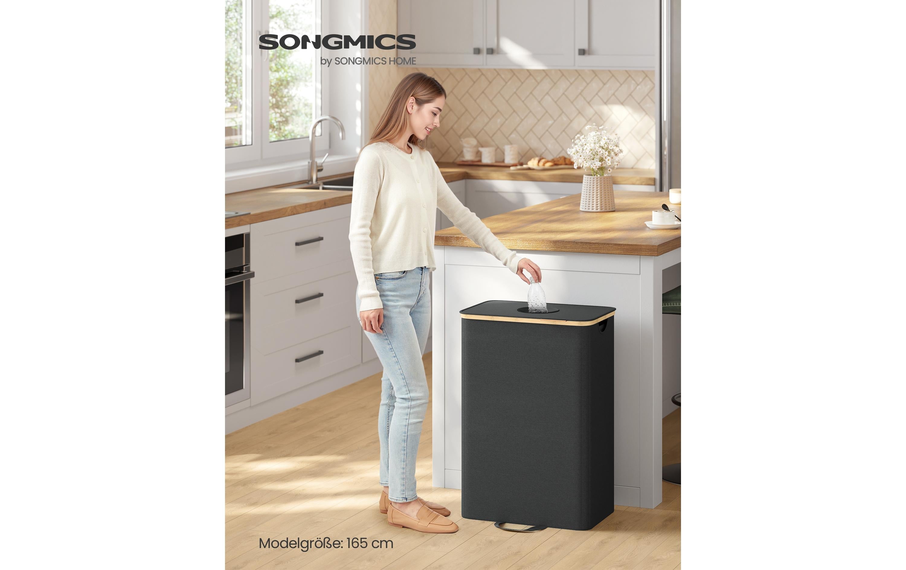 Songmics Recyclingbox – 135 l – Kunstleder, rechteckig – Beige/Schwarz