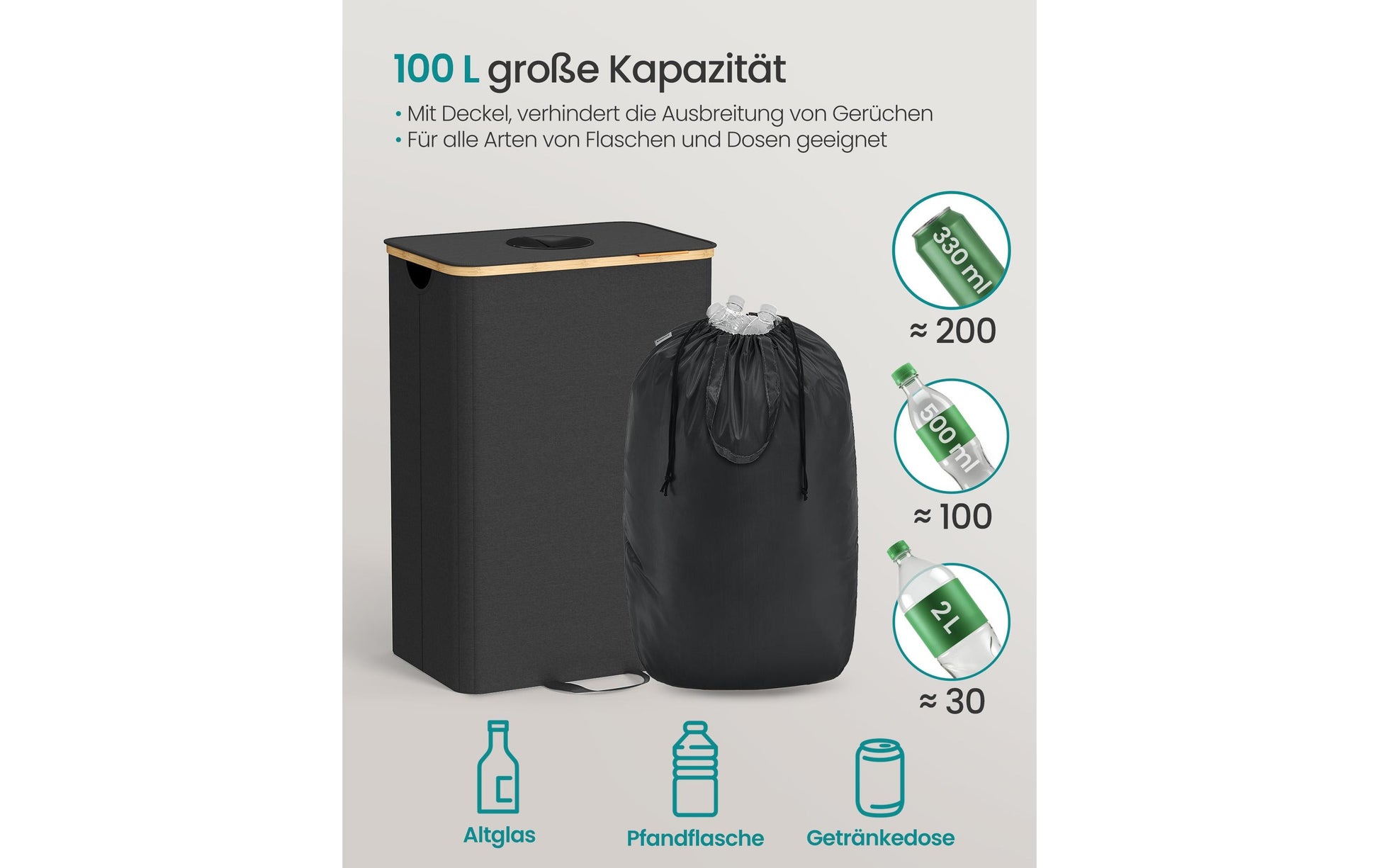 Songmics Recyclingbox – 135 l – Kunstleder, rechteckig – Beige/Schwarz