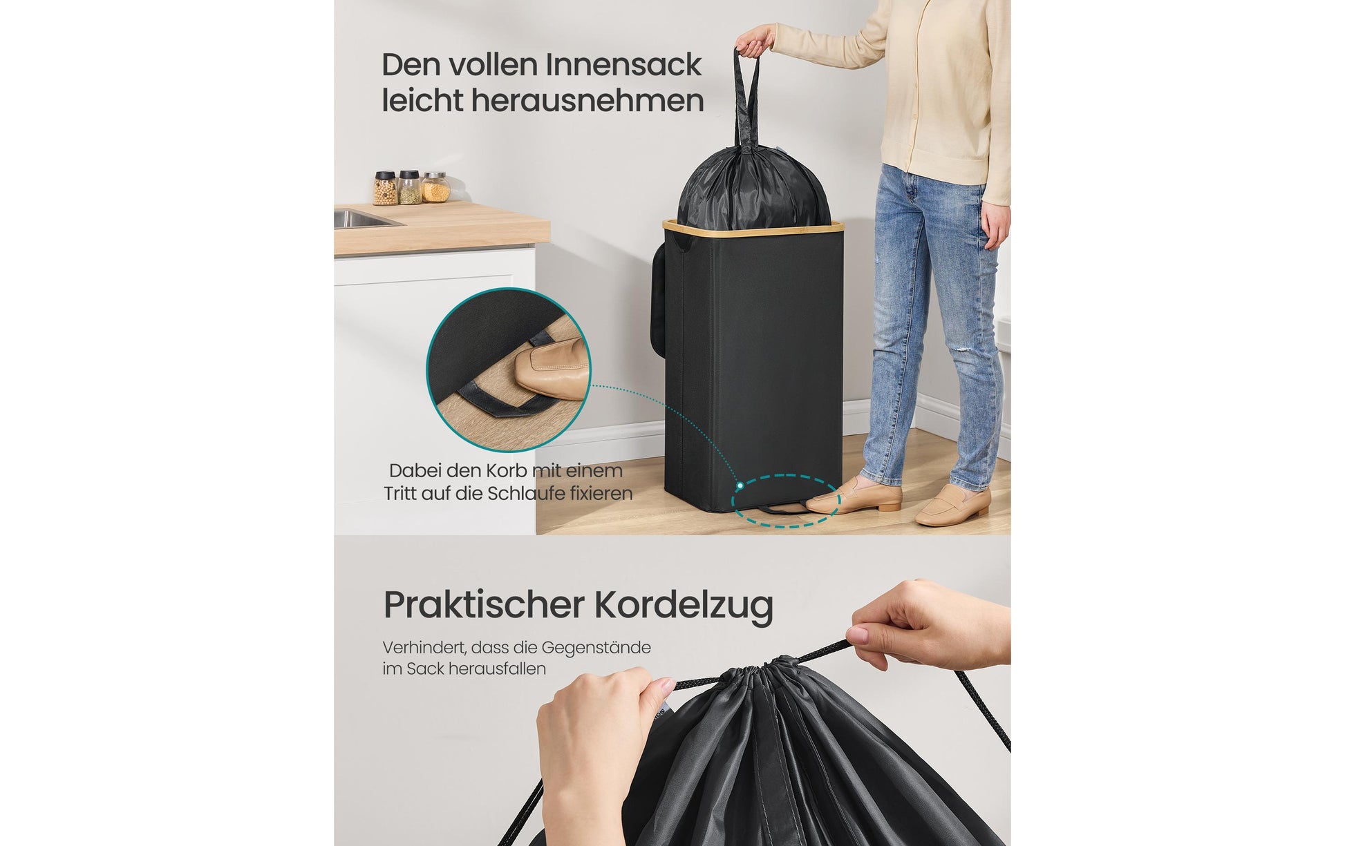 Songmics Recyclingbox – 135 l – Kunstleder, rechteckig – Beige/Schwarz