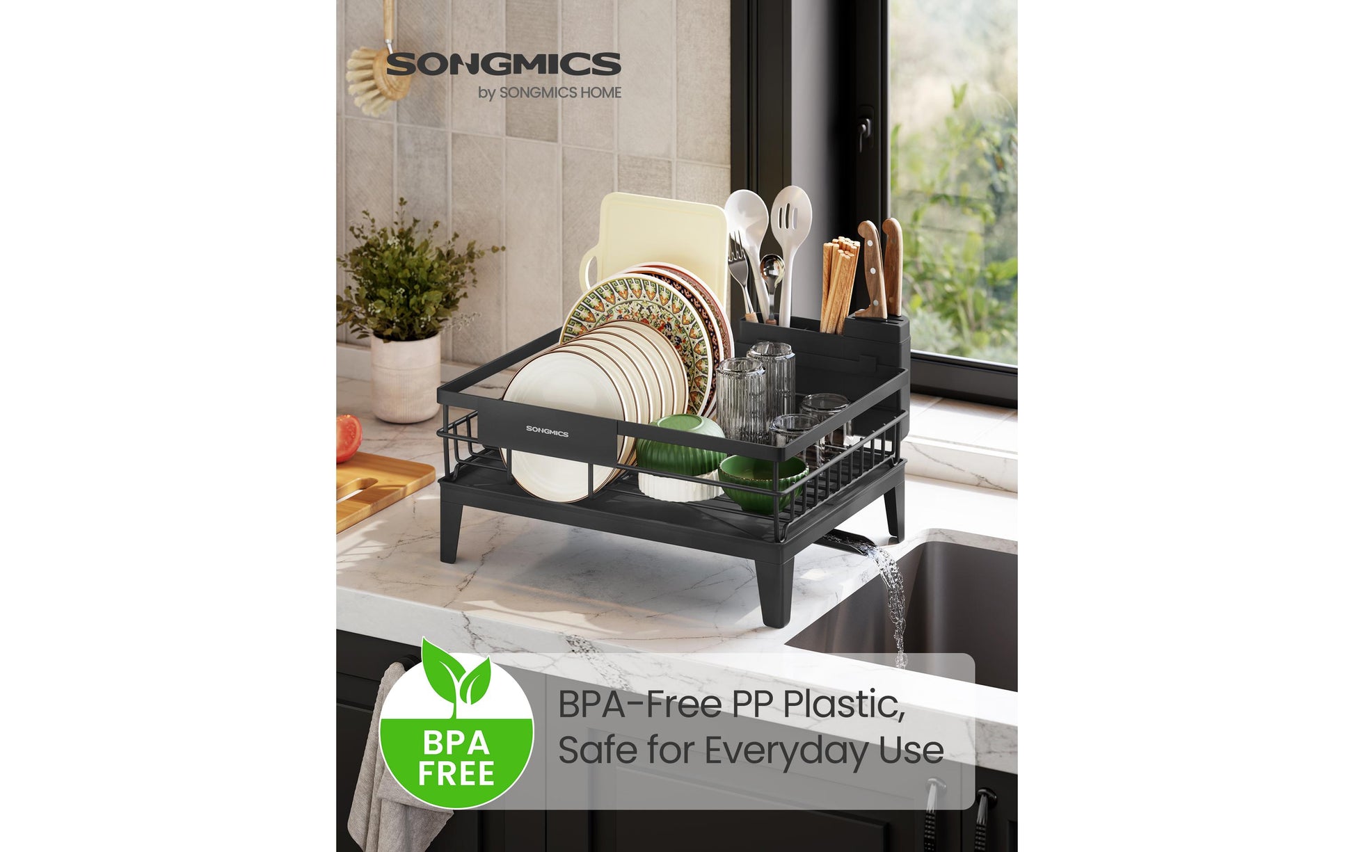 Songmics Abtropfgestell 35,4 × 42,4 × 22,6 cm, Edelstahl/Polypropylen (PP), mit Besteckhalter, schwarz