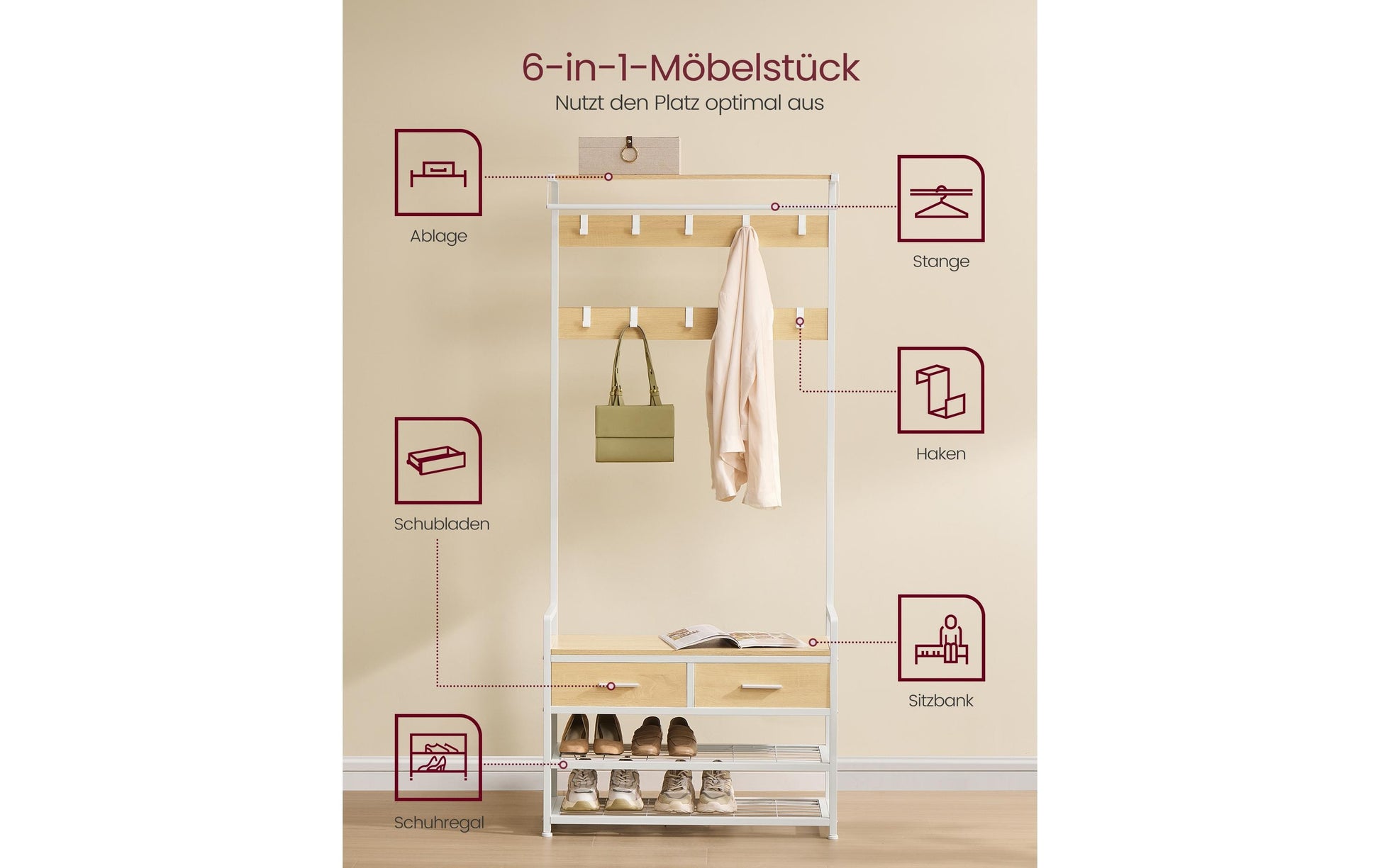 Vasagle Garderobe mit Schuhregal – Stahl/Spanplatte, Weiss/Gold, 80,4 × 30,0 × 181,6 cm