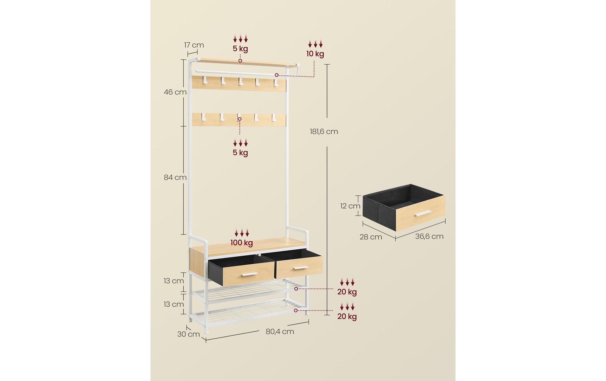 Vasagle Garderobe mit Schuhregal – Stahl/Spanplatte, Weiss/Gold, 80,4 × 30,0 × 181,6 cm