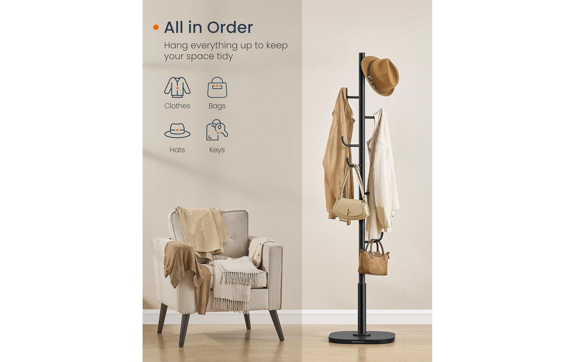Songmics Garderobenständer – 8 Haken, Stahl/MDF, Schwarz, Ø 40 × 175,3 cm