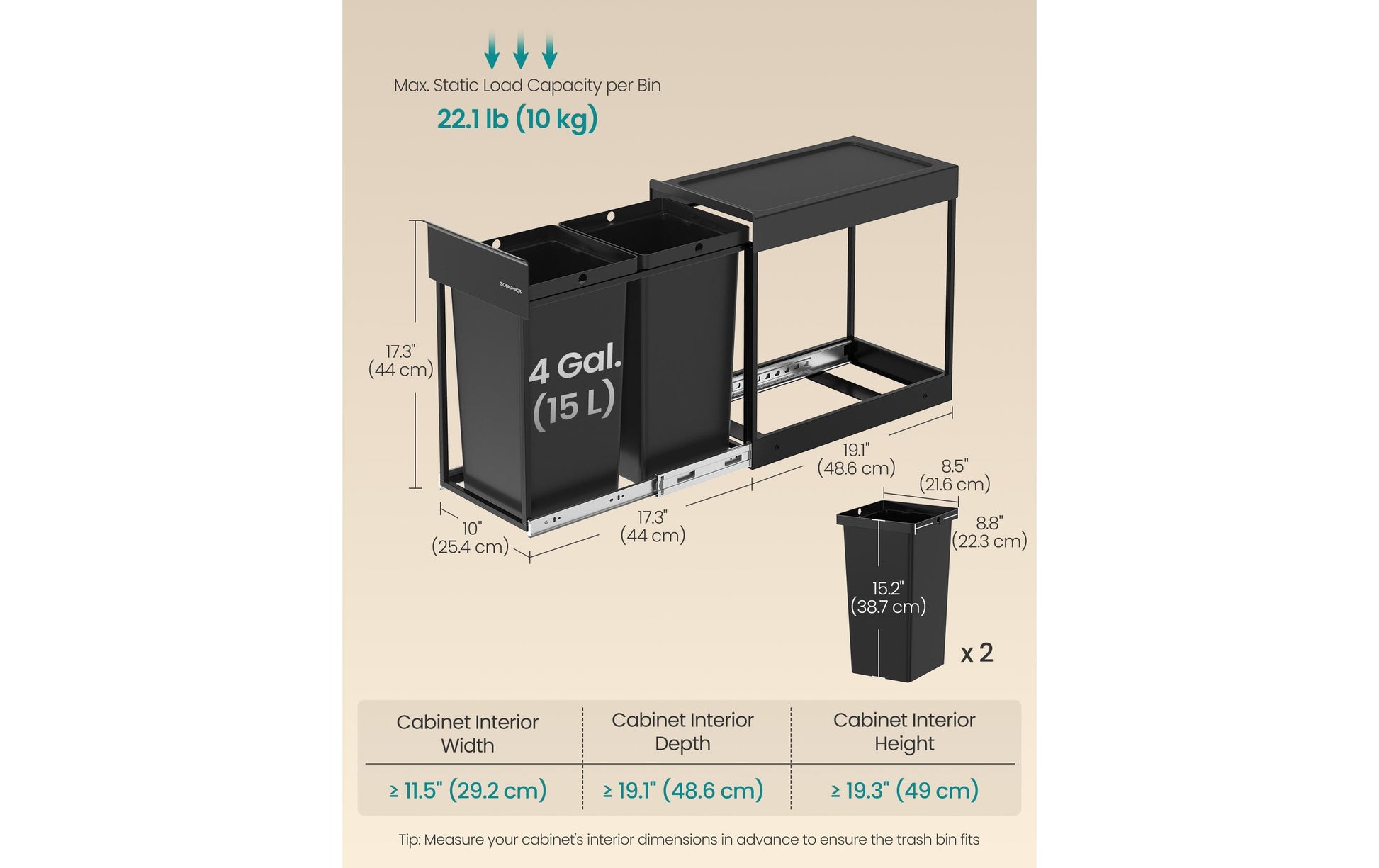 Songmics Systempapierkorb – 30 l – Stahl/Kunststoff, rechteckig – 2-fach – schwarz